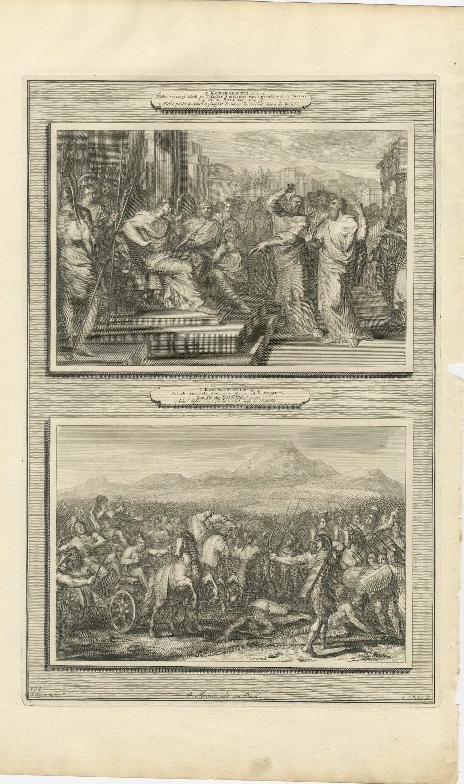 Micaiah's Prophecy and Death of King Ahab in Battle, Pieter Mortier, circa 1700