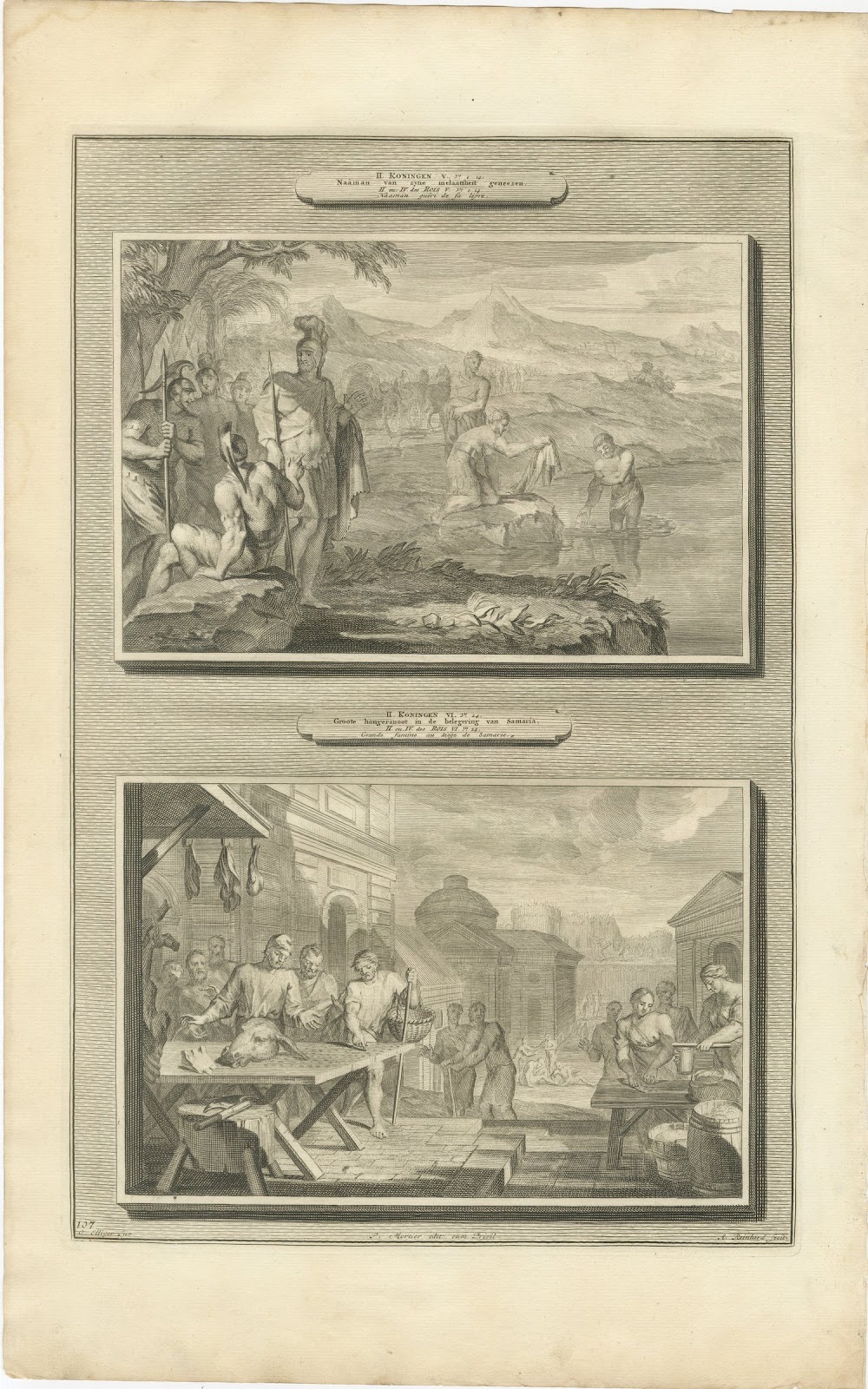 Naaman Healed in the Jordan and Famine in Samaria, Pieter Mortier, circa 1700