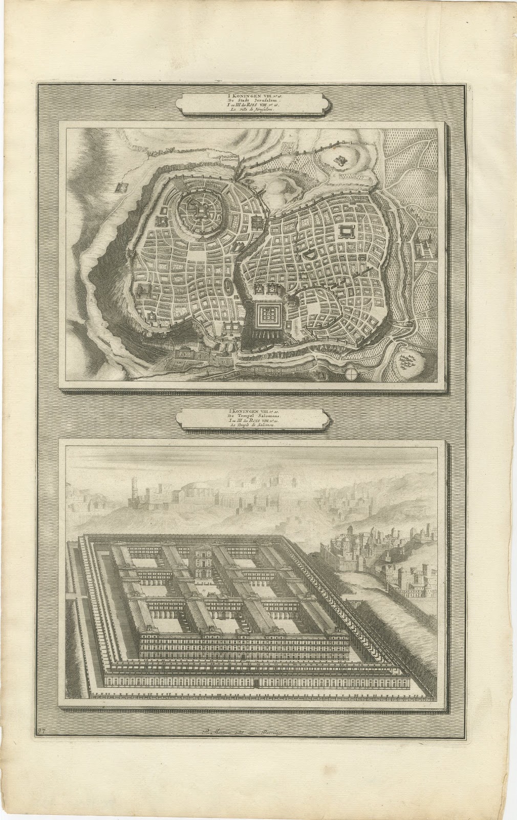 Plan of Jerusalem and Bird's Eye View of Solomon's Temple, Mortier, circa 1700