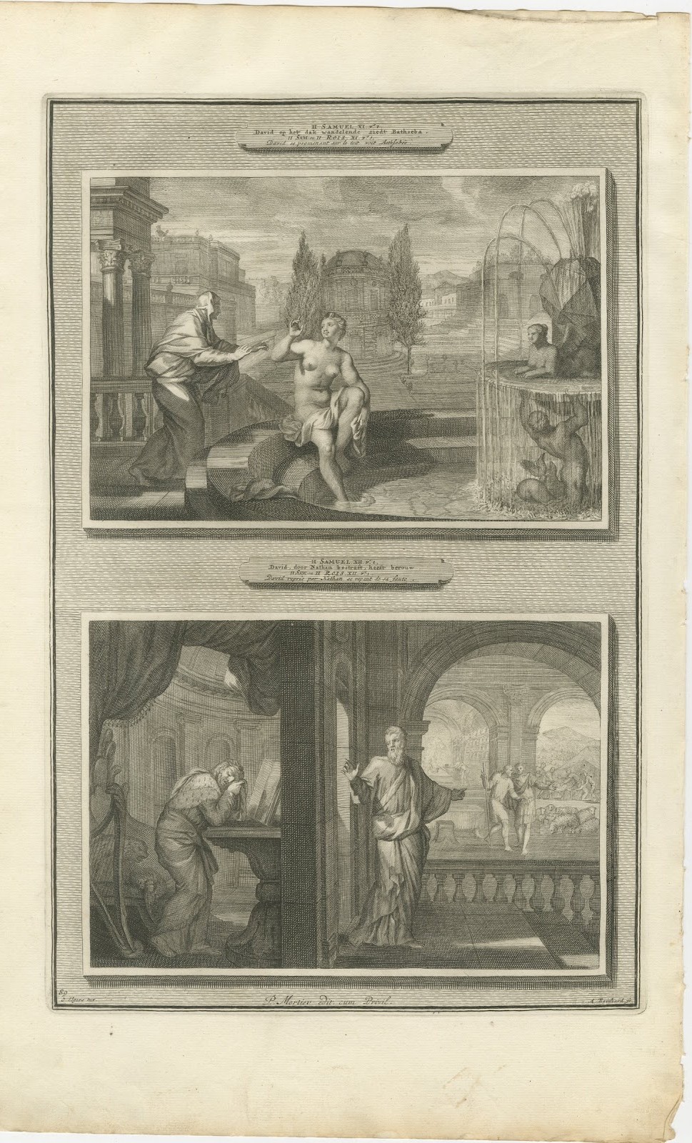 David Sees Bathsheba and Nathan Rebukes David, Pieter Mortier, circa 1700