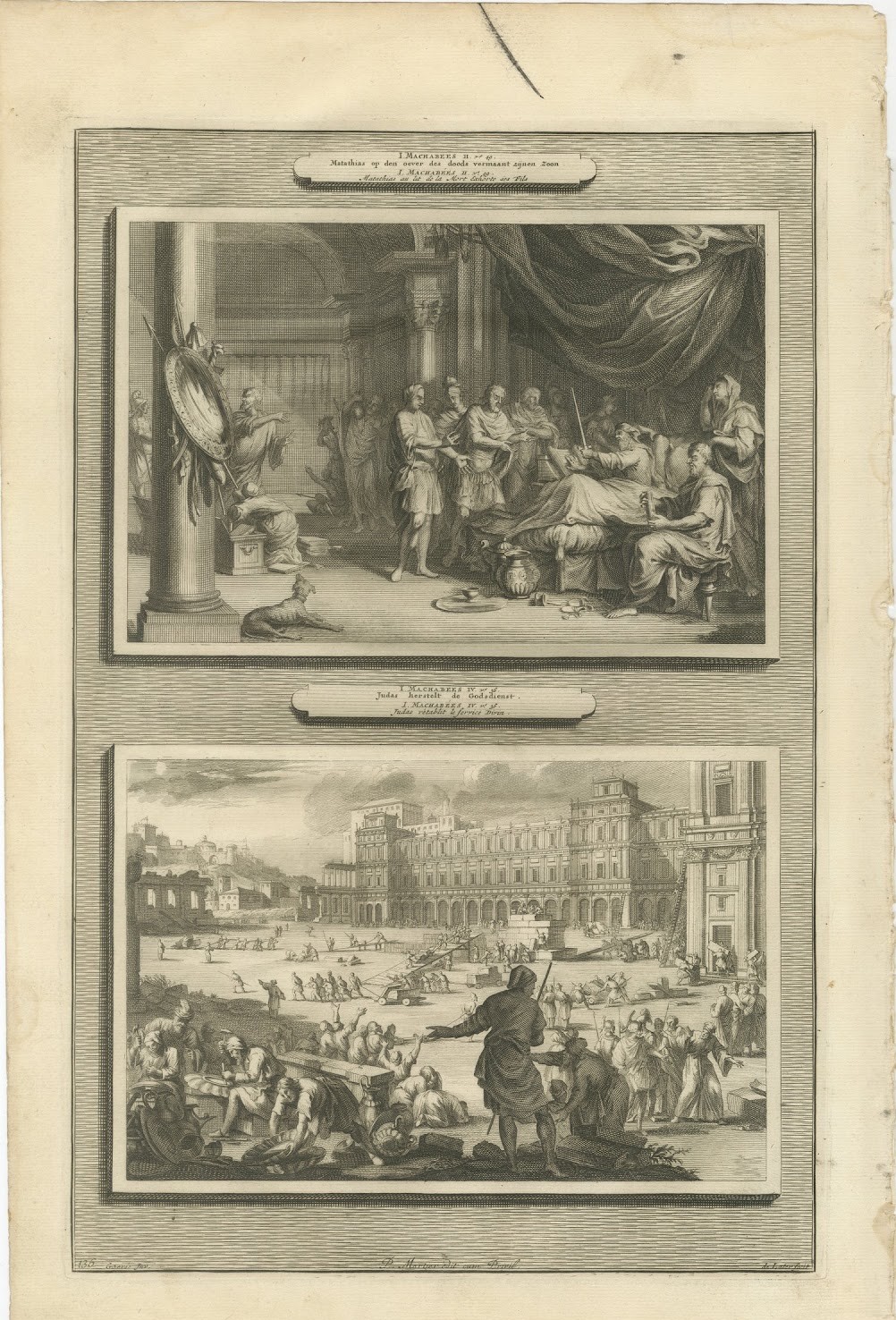 Dying Mattathias and Judas Maccabeus Restores the Temple, Mortier, circa 1700
