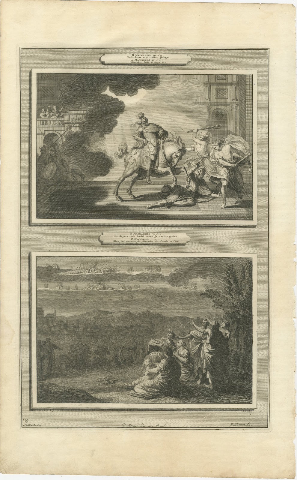 Heliodorus Scourged and Armies in the Sky over Jerusalem, Mortier, circa 1700