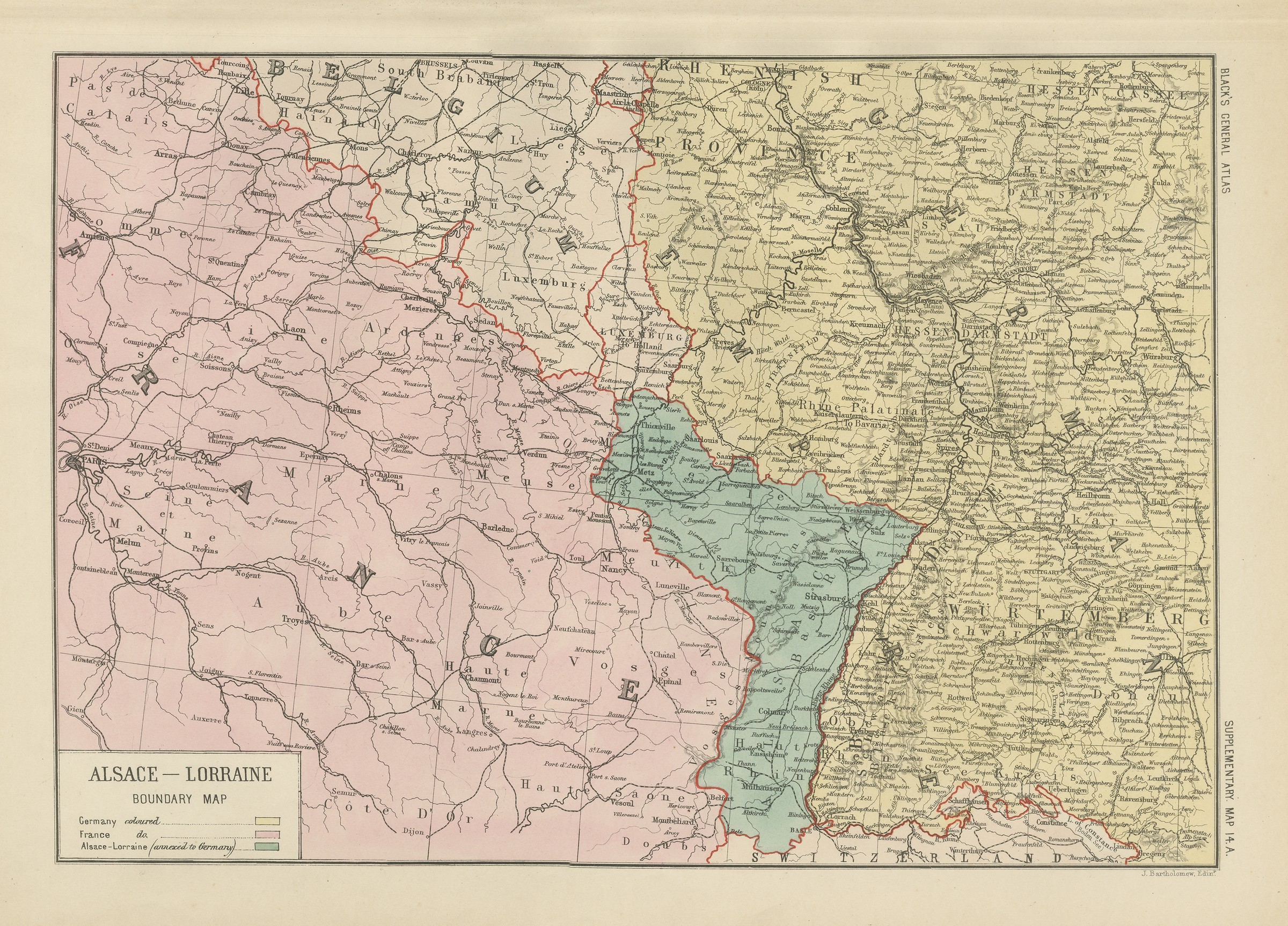 Antique Map of Alsace-Lorraine, Annexed to Germany, Bartholomew, circa 1871