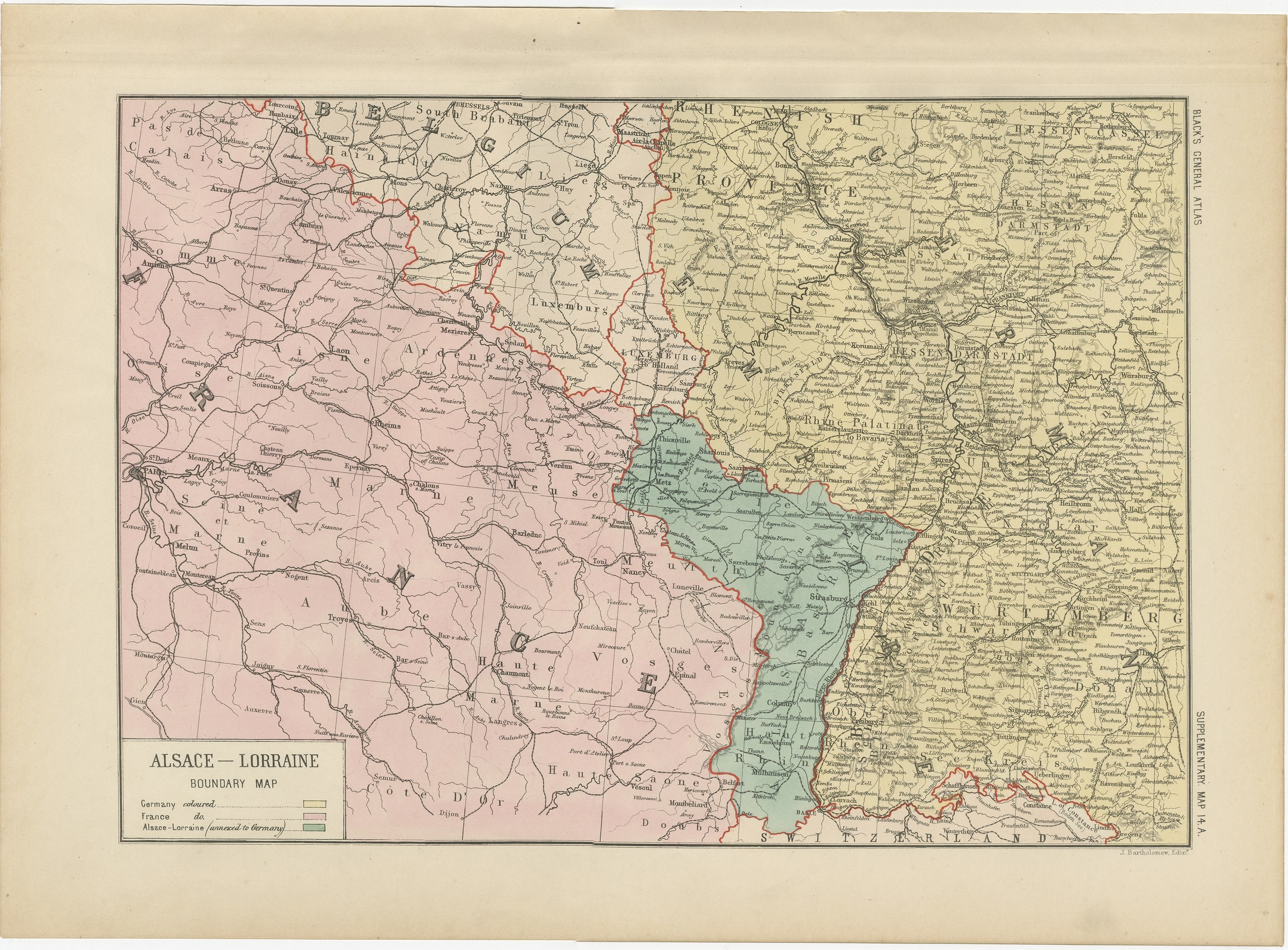 Antique Map of Alsace-Lorraine, Annexed to Germany, Bartholomew, circa 1871