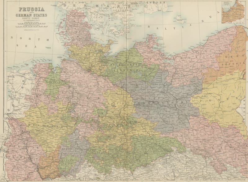 Antique Map of Prussia and the German States, North Sheet, Bartholomew, 1870