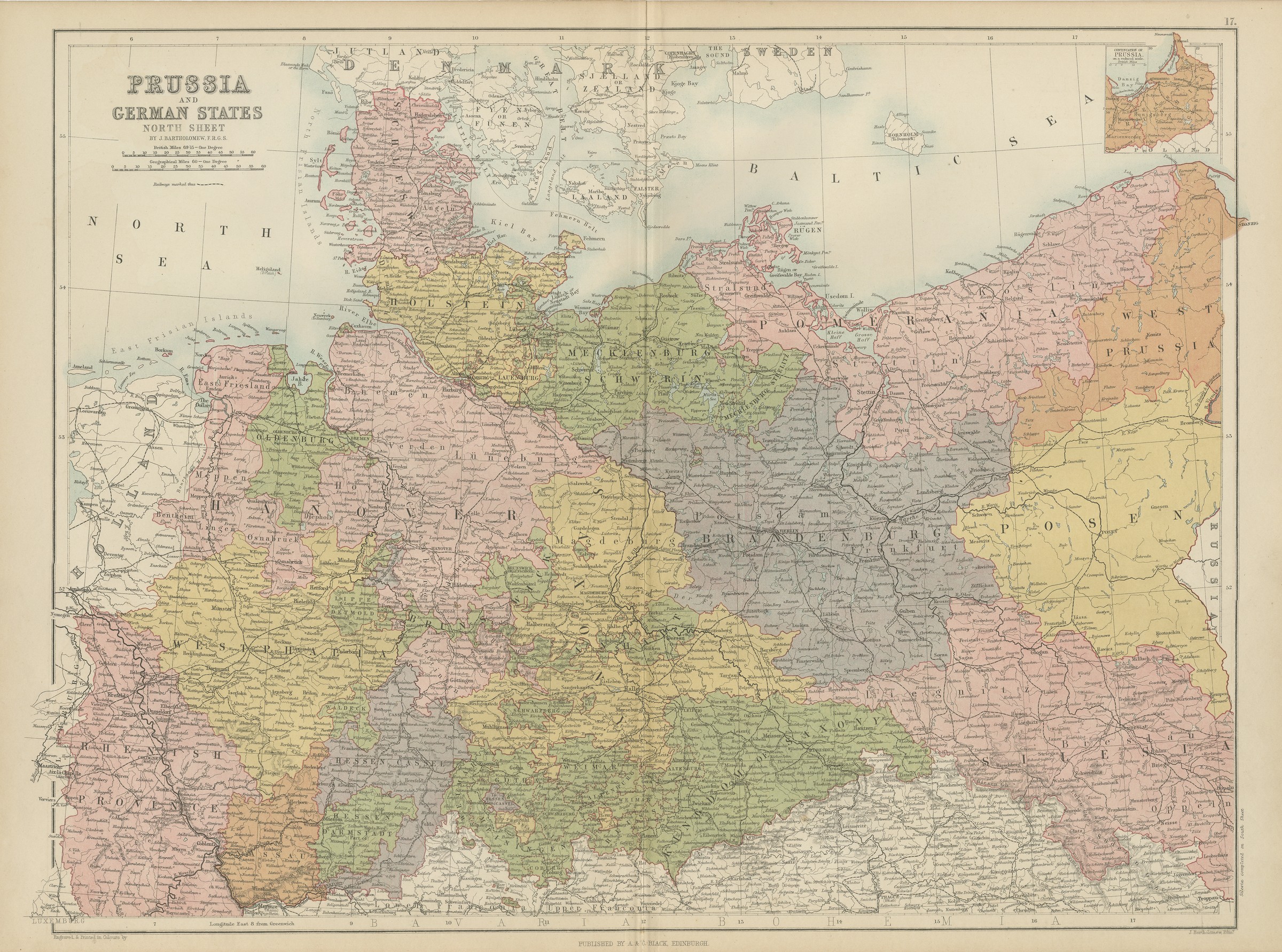 Antique Map of Prussia and the German States, North Sheet, Bartholomew, 1870