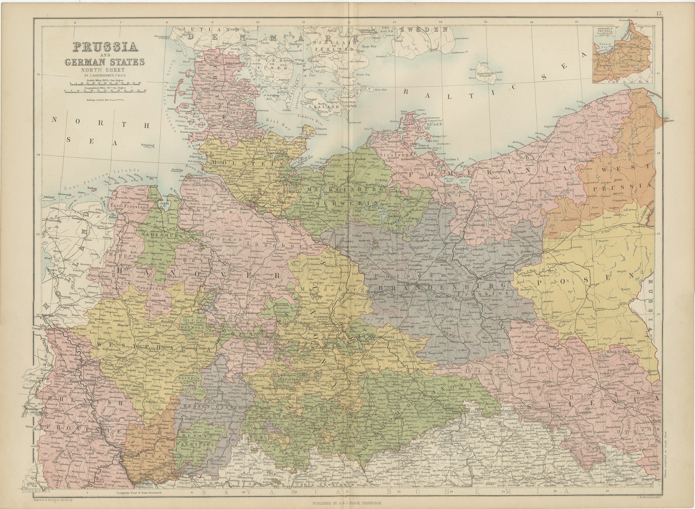 Antique Map of Prussia and the German States, North Sheet, Bartholomew, 1870