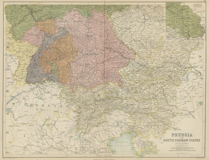 Antique Map of Prussia and the South German States, Black's General Atlas, 1870