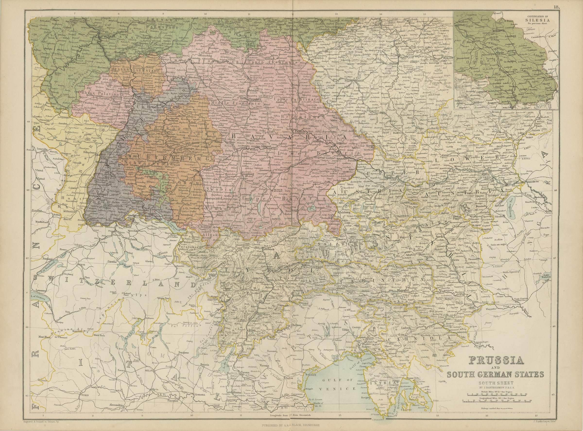 Antique Map of Prussia and the South German States, Black's General Atlas, 1870