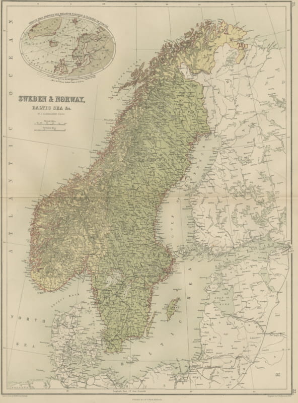 Antique Map of Sweden and Norway, Baltic Sea, Black's General Atlas, 1870