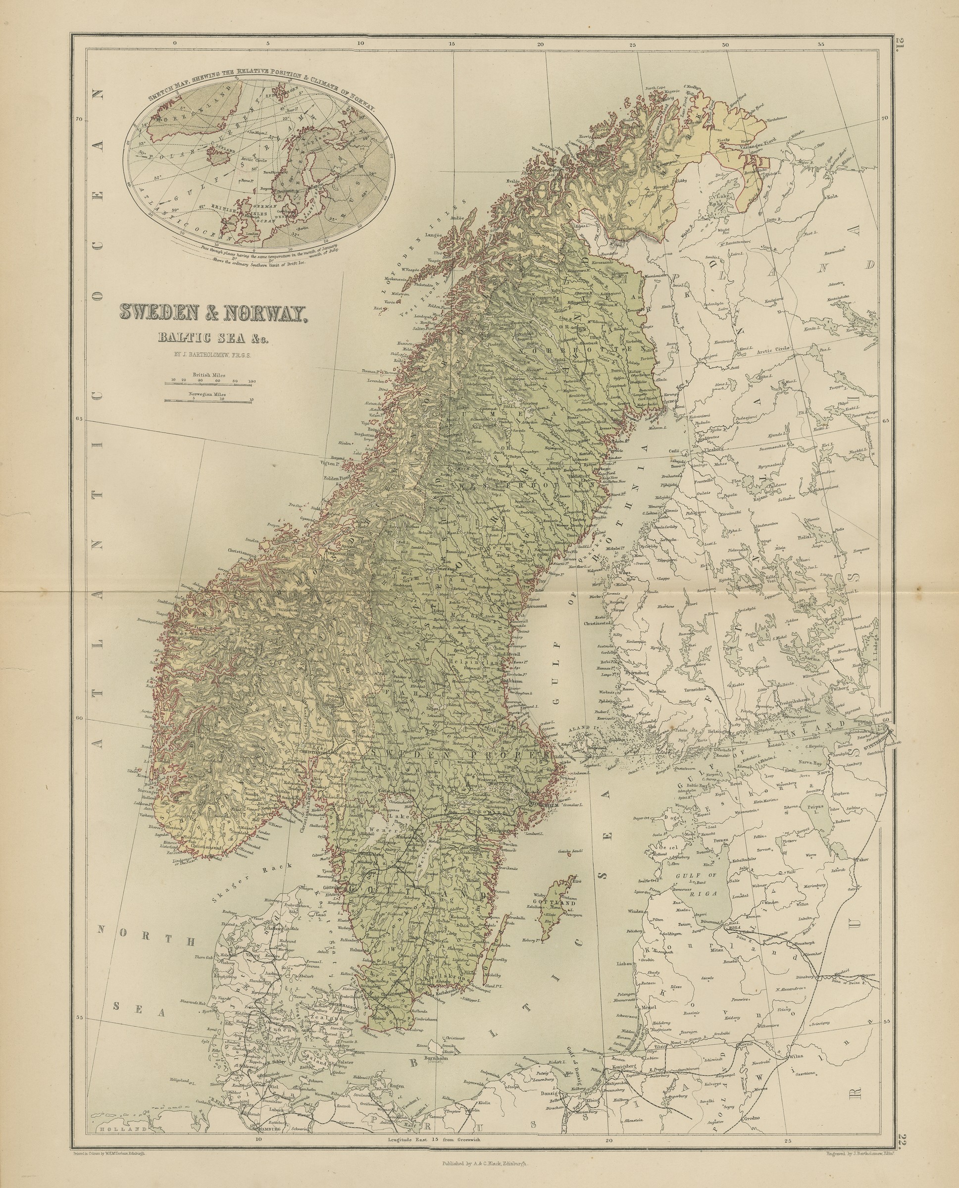 Antique Map of Sweden and Norway, Baltic Sea, Black's General Atlas, 1870