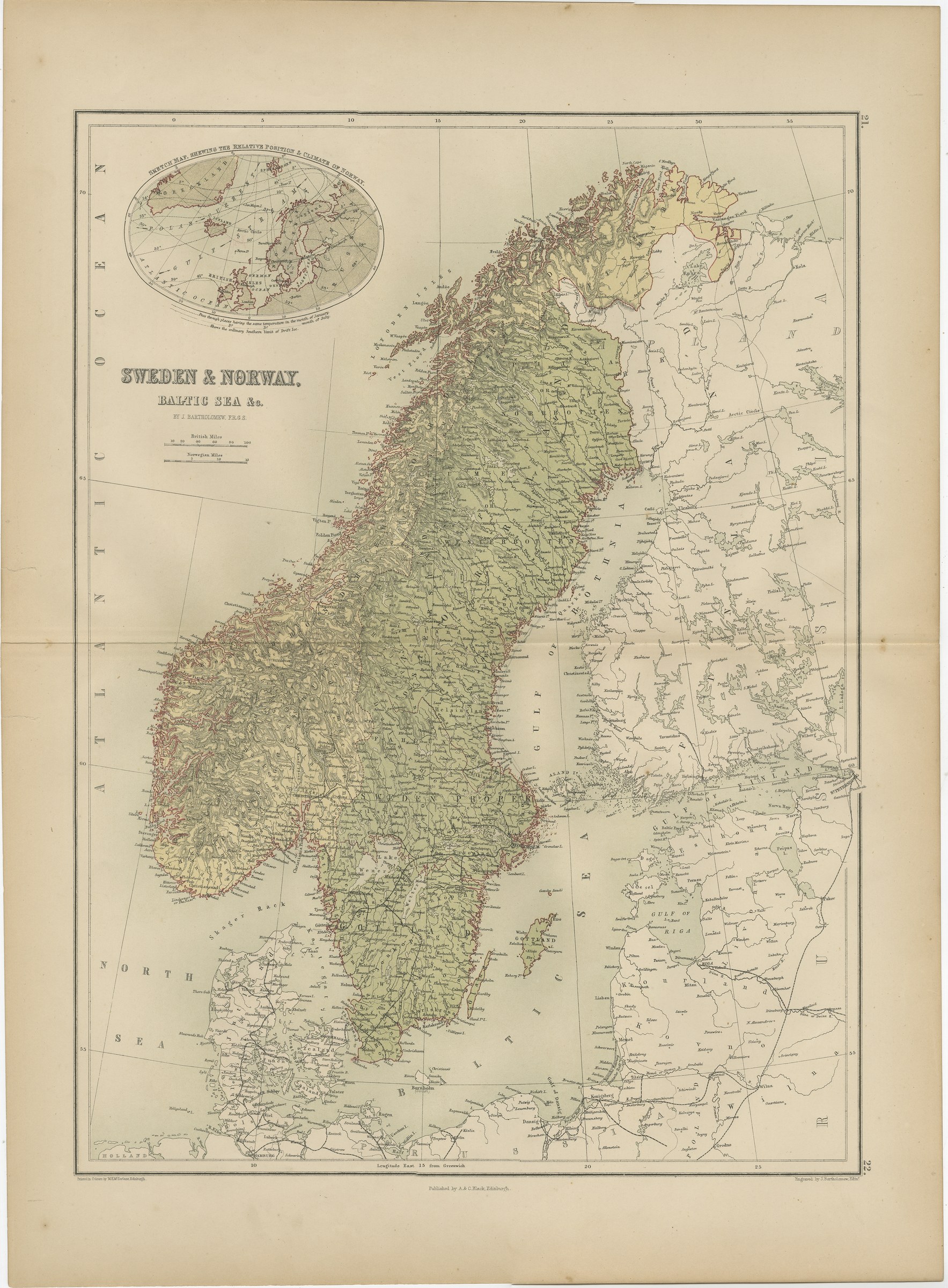 Antique Map of Sweden and Norway, Baltic Sea, Black's General Atlas, 1870