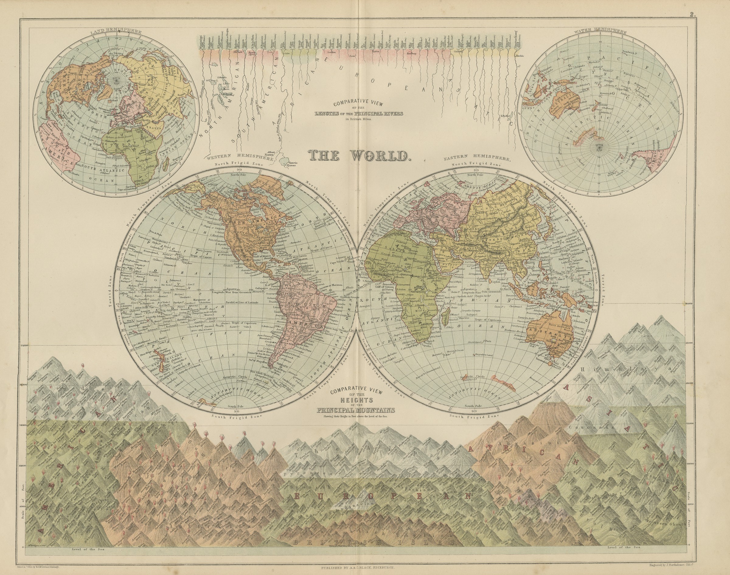 Antique Map of the World in Two Hemispheres, with Rivers and Mountains, 1870