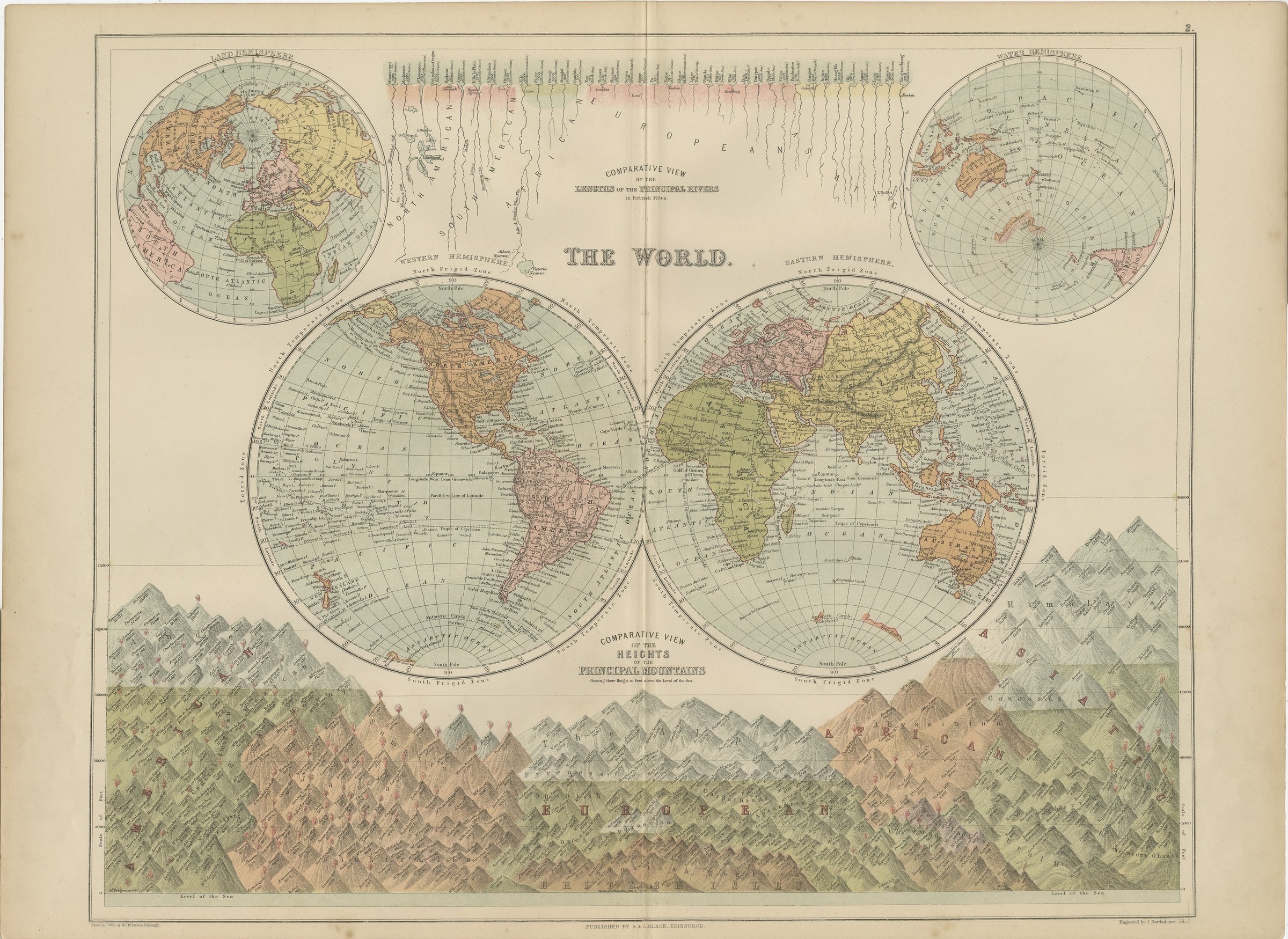 Antique Map of the World in Two Hemispheres, with Rivers and Mountains, 1870
