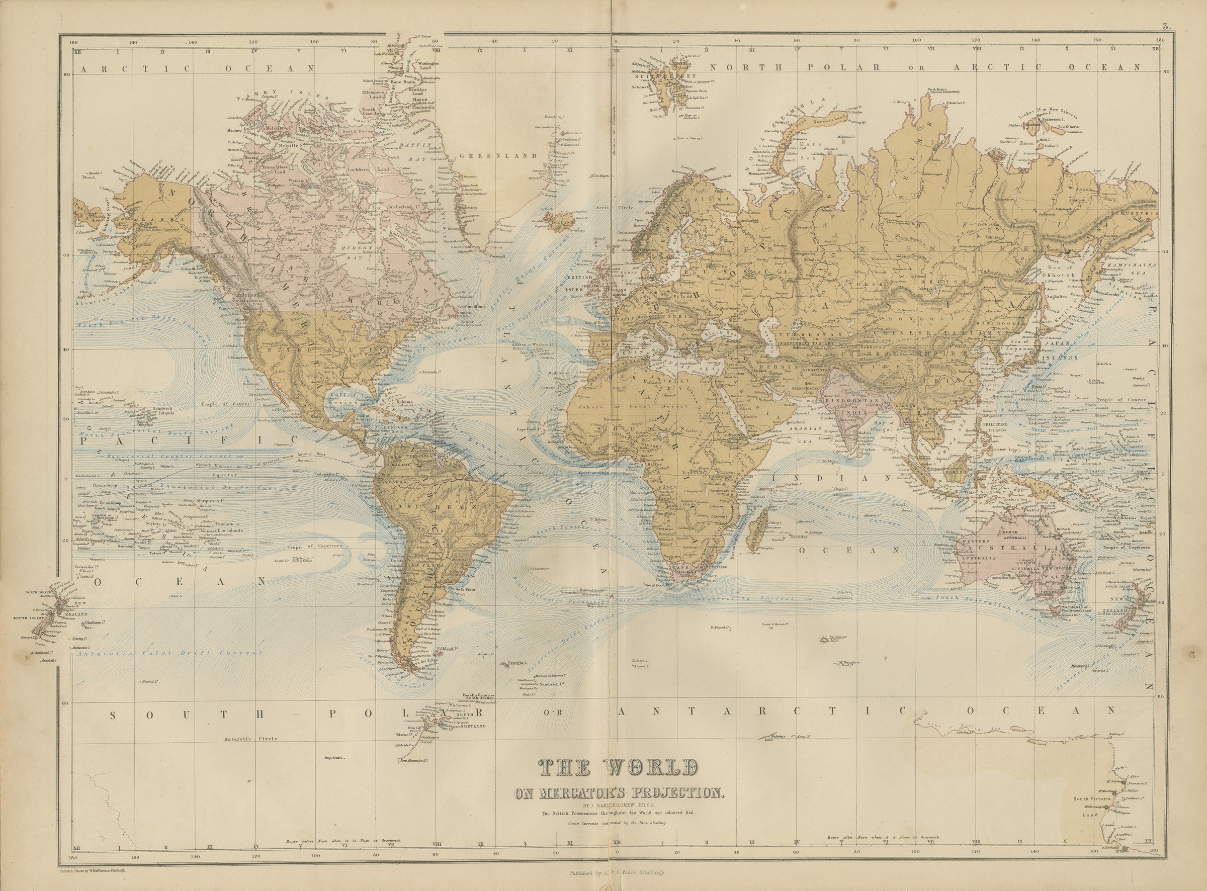 Antique Map of the World on Mercator's Projection, Black's General Atlas, 1870