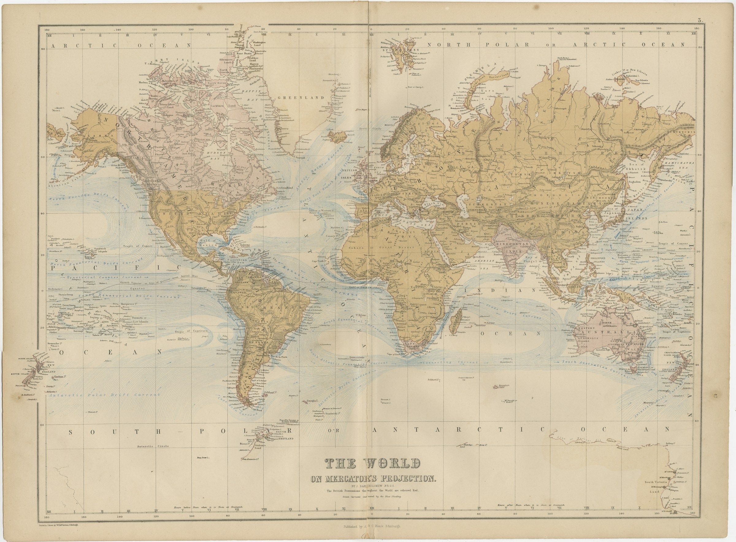 Antique Map of the World on Mercator's Projection, Black's General Atlas, 1870