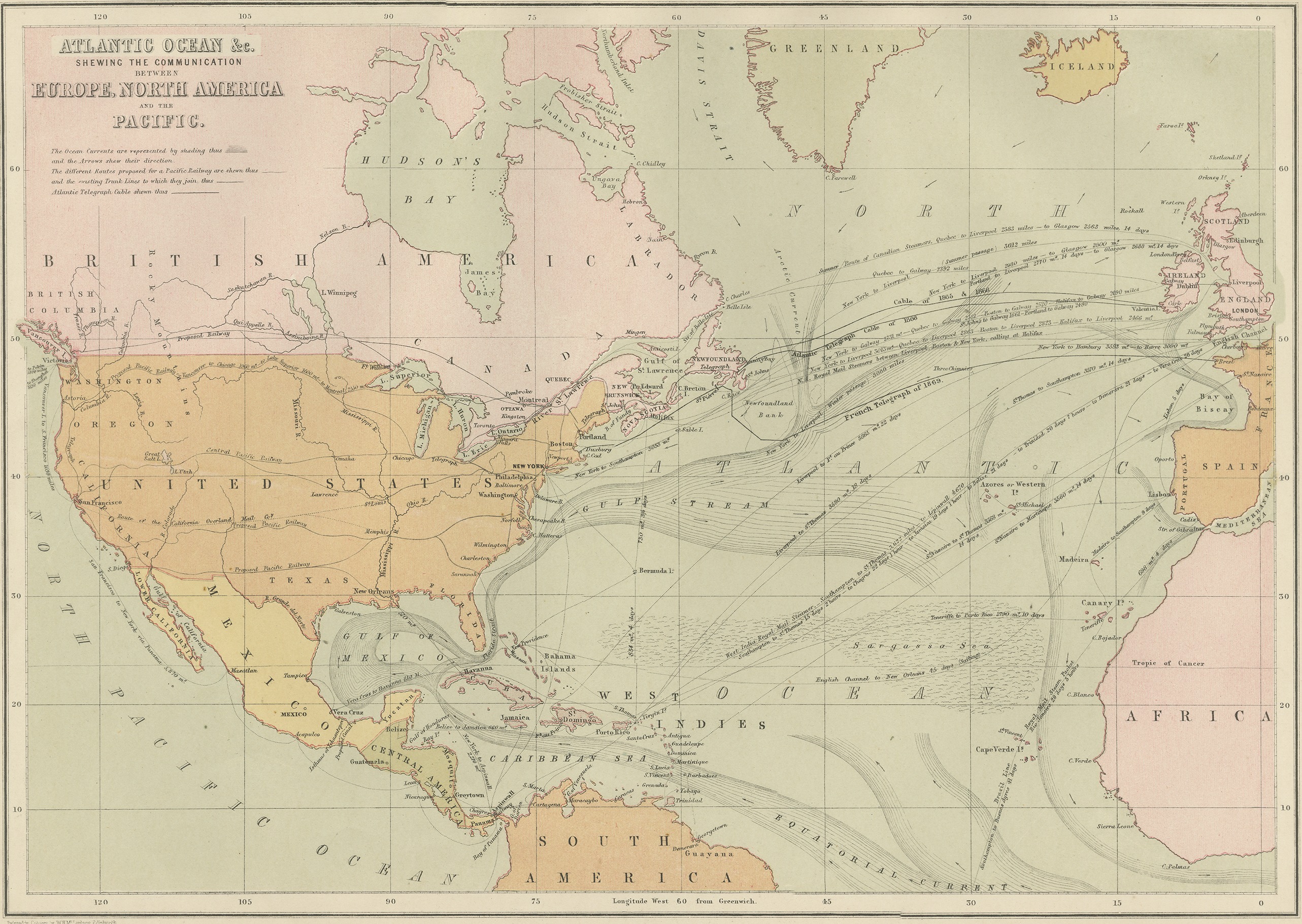 Antique Chart of the Atlantic Ocean, Europe to North America Route, 1870