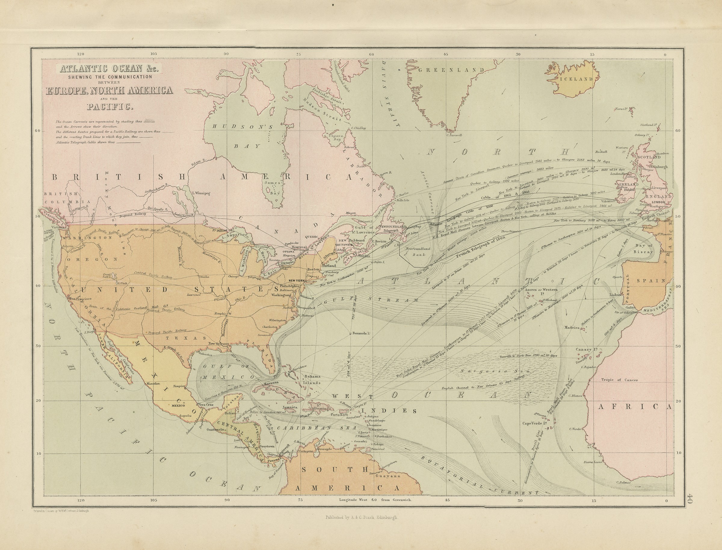 Antique Chart of the Atlantic Ocean, Europe to North America Route, 1870