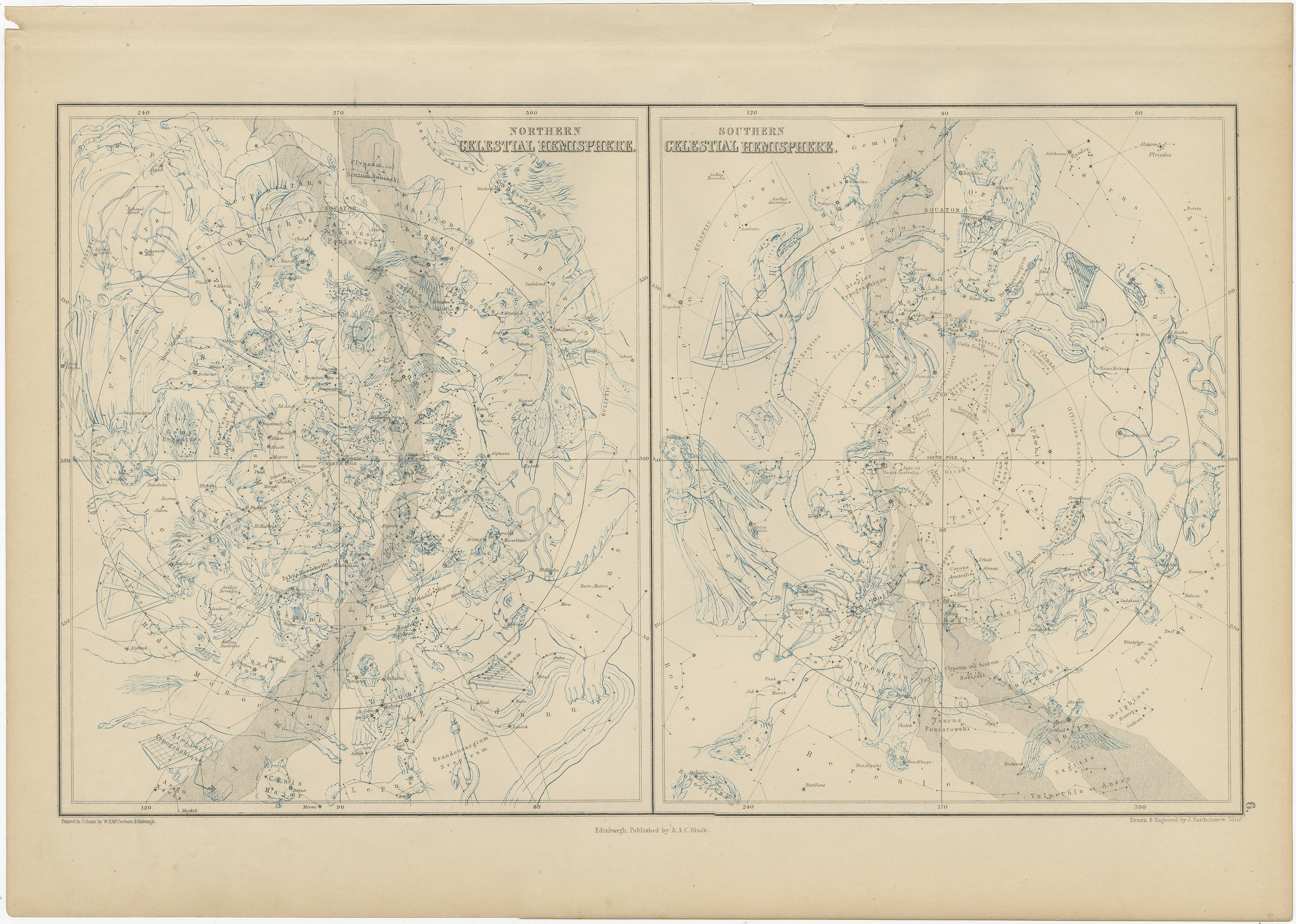 Antique Star Chart of Both Celestial Hemispheres, Black's General Atlas, 1870