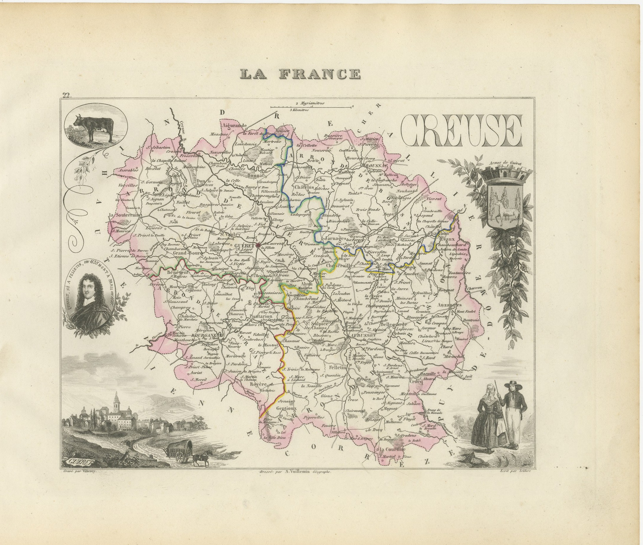 Antique Map of the Creuse, Gueret and Felletin, Vuillemin, circa 1860