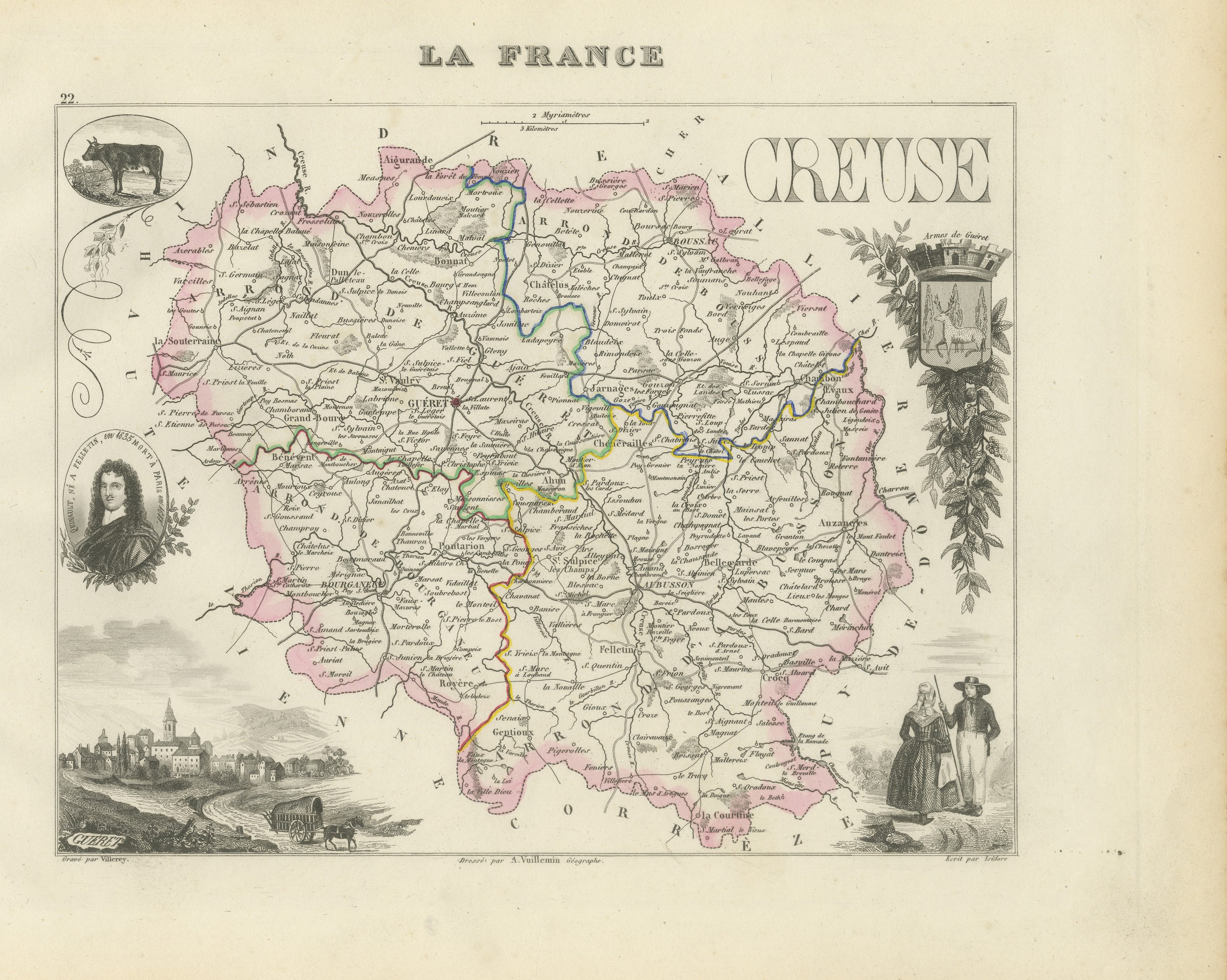 Antique Map of the Creuse, Gueret and Felletin, Vuillemin, circa 1860