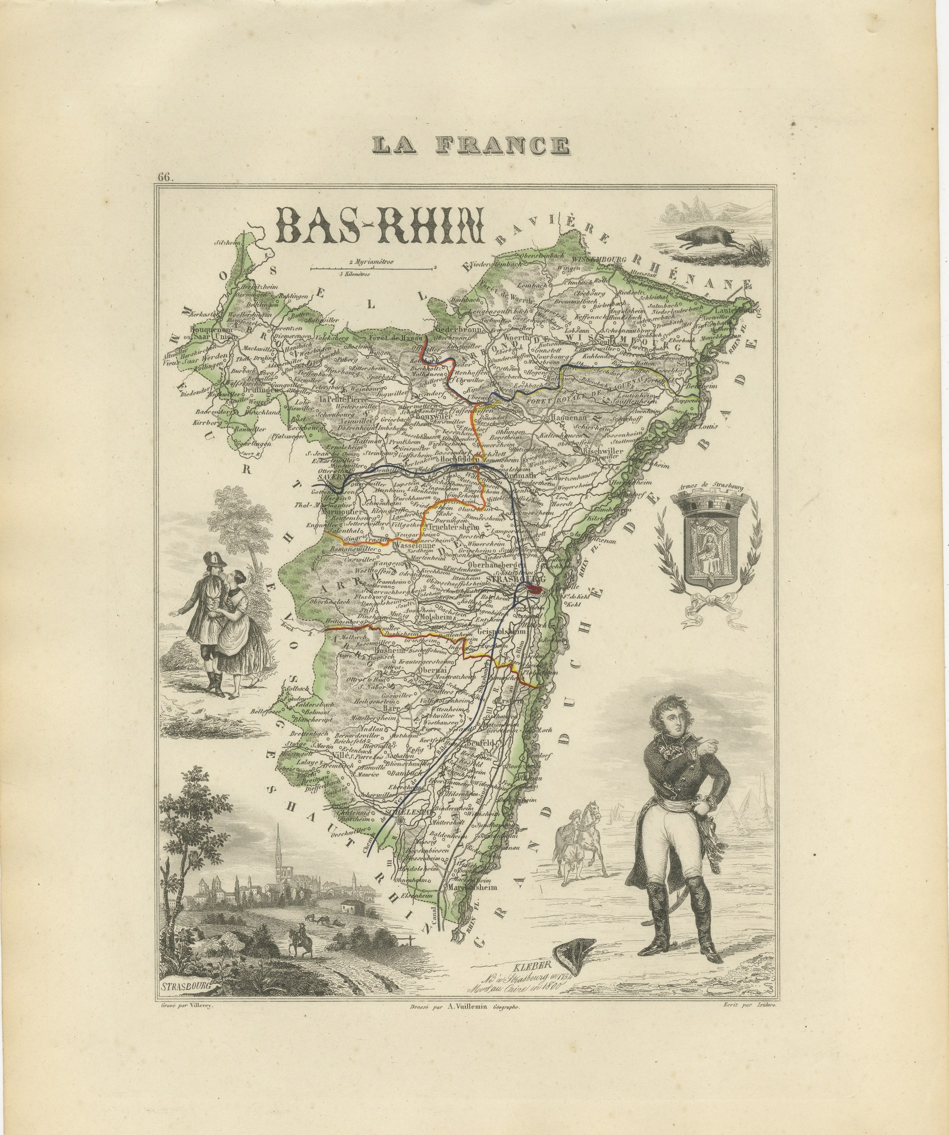 Antique Map of the Bas-Rhin, Strasbourg and Kleber, Vuillemin, circa 1860