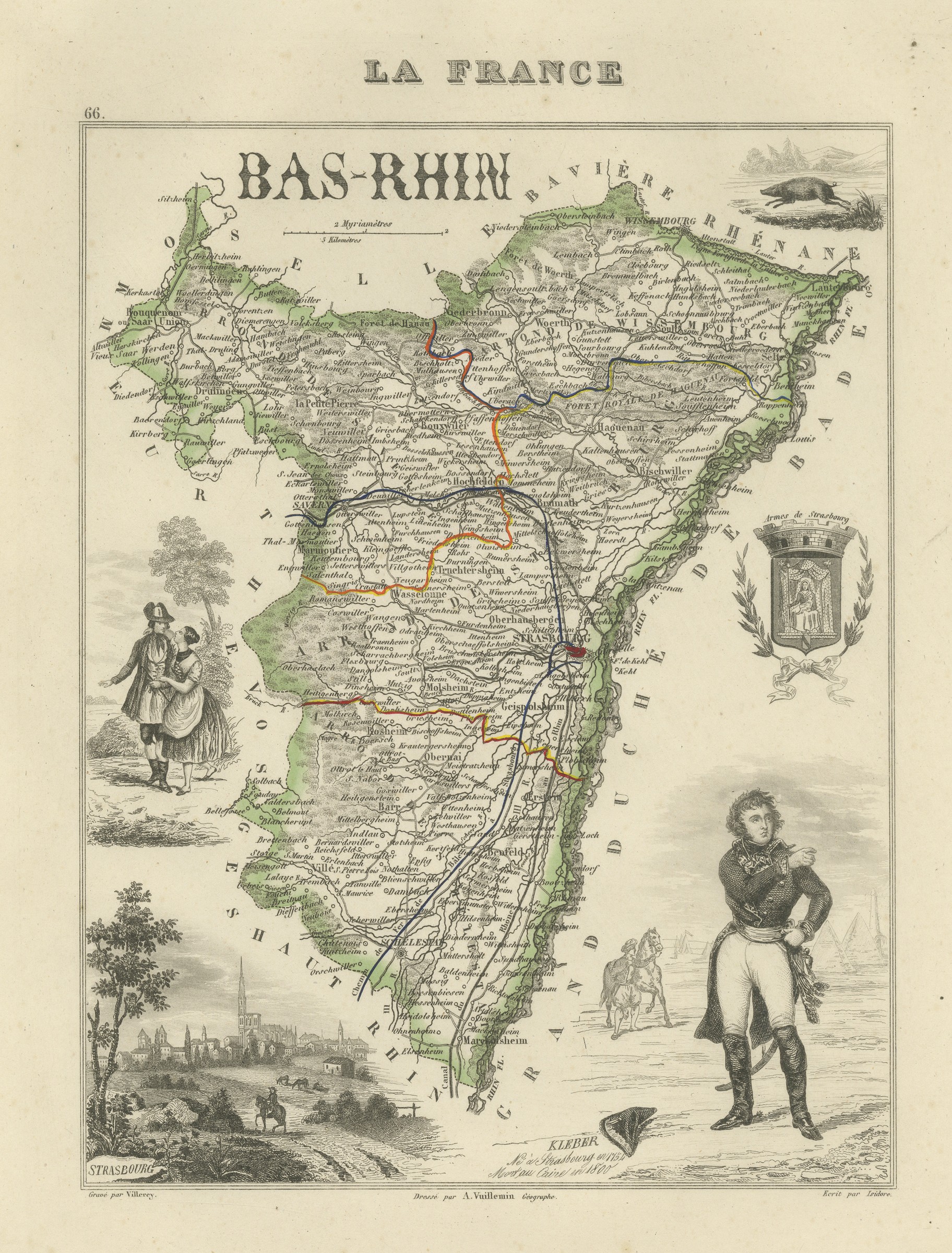 Antique Map of the Bas-Rhin, Strasbourg and Kleber, Vuillemin, circa 1860