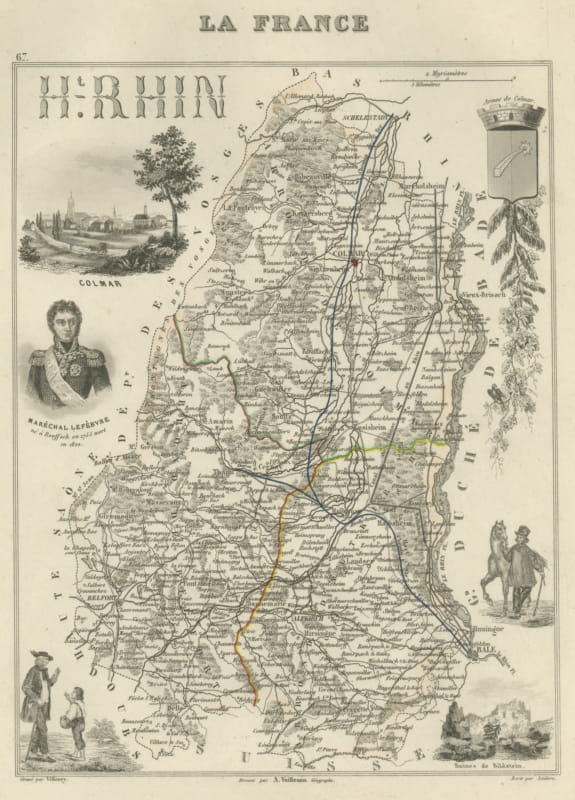 Antique Map of the Haut-Rhin, Colmar and Marshal Lefebvre, circa 1860