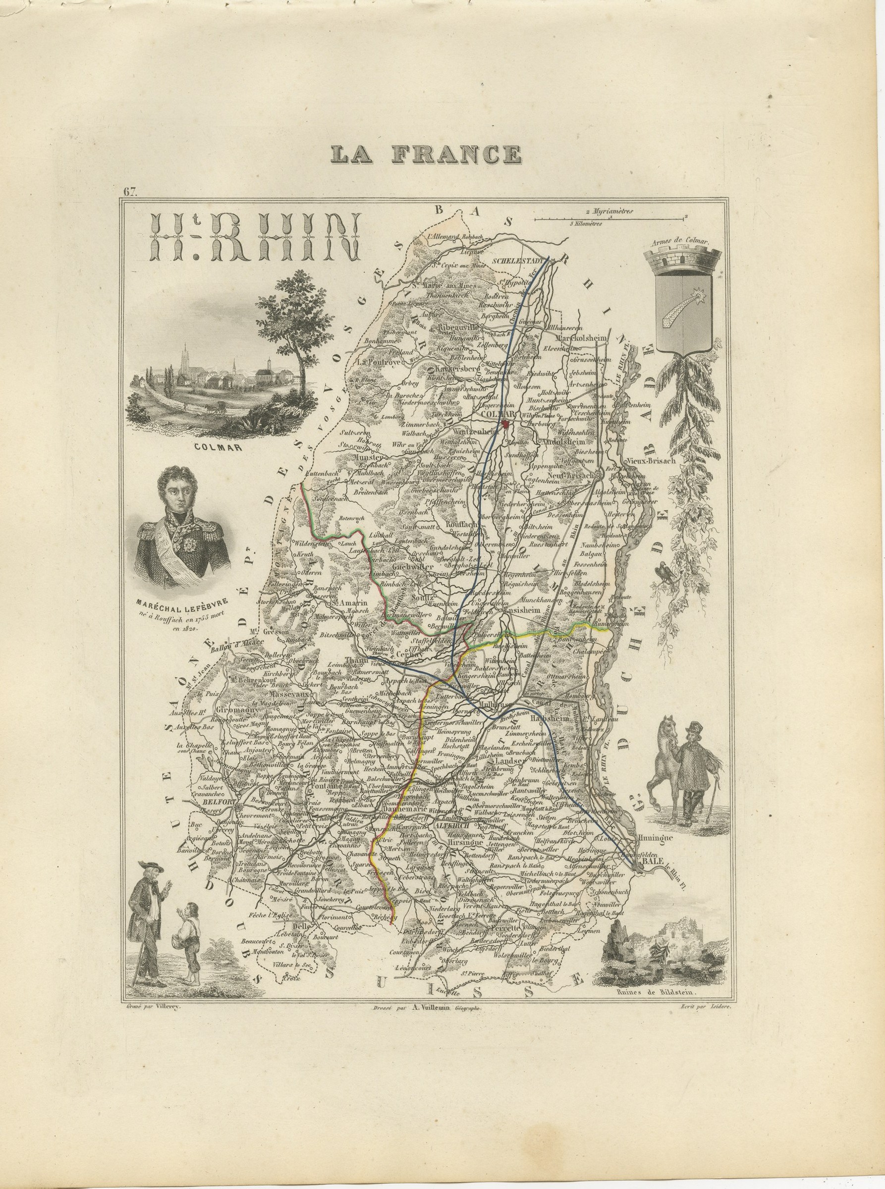 Antique Map of the Haut-Rhin, Colmar and Marshal Lefebvre, circa 1860