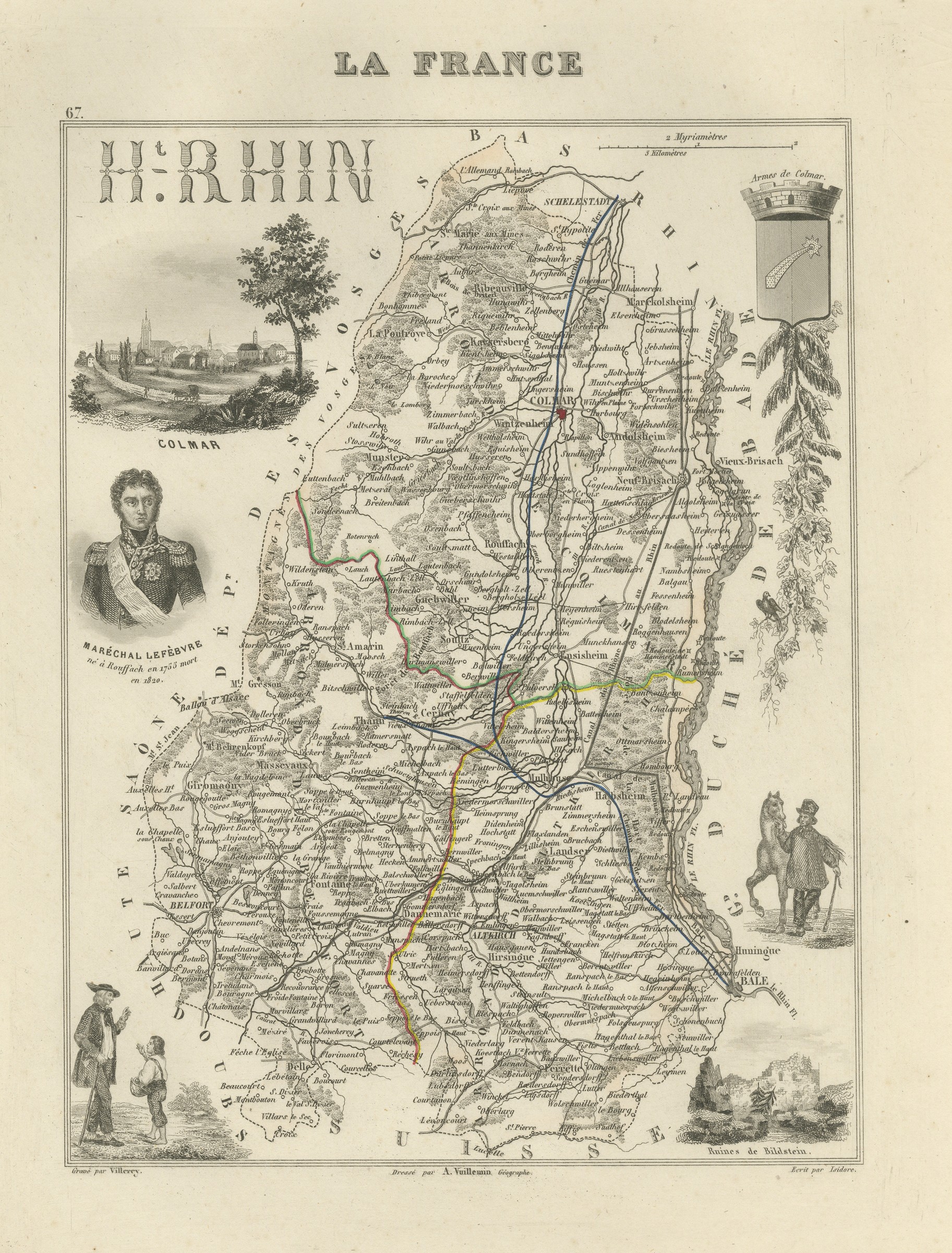 Antique Map of the Haut-Rhin, Colmar and Marshal Lefebvre, circa 1860