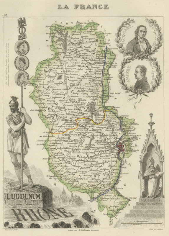 Antique Map of the Rhone, Lyon and Ancient Lugdunum, Vuillemin, circa 1860