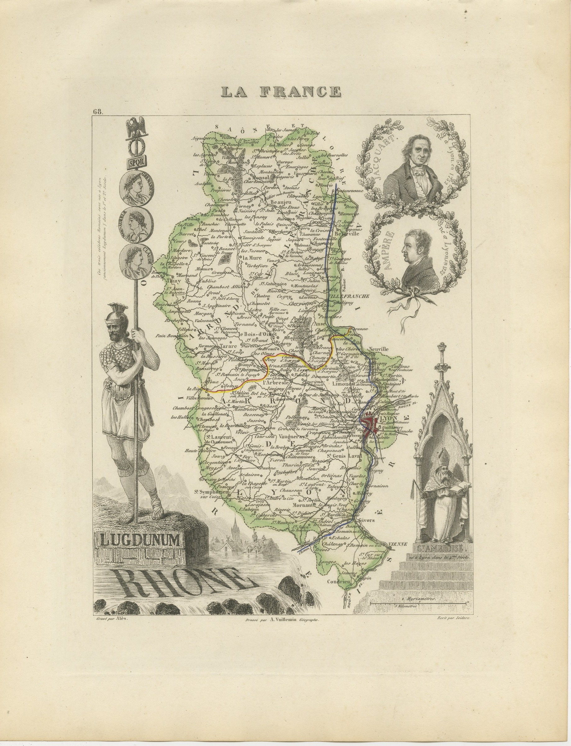 Antique Map of the Rhone, Lyon and Ancient Lugdunum, Vuillemin, circa 1860