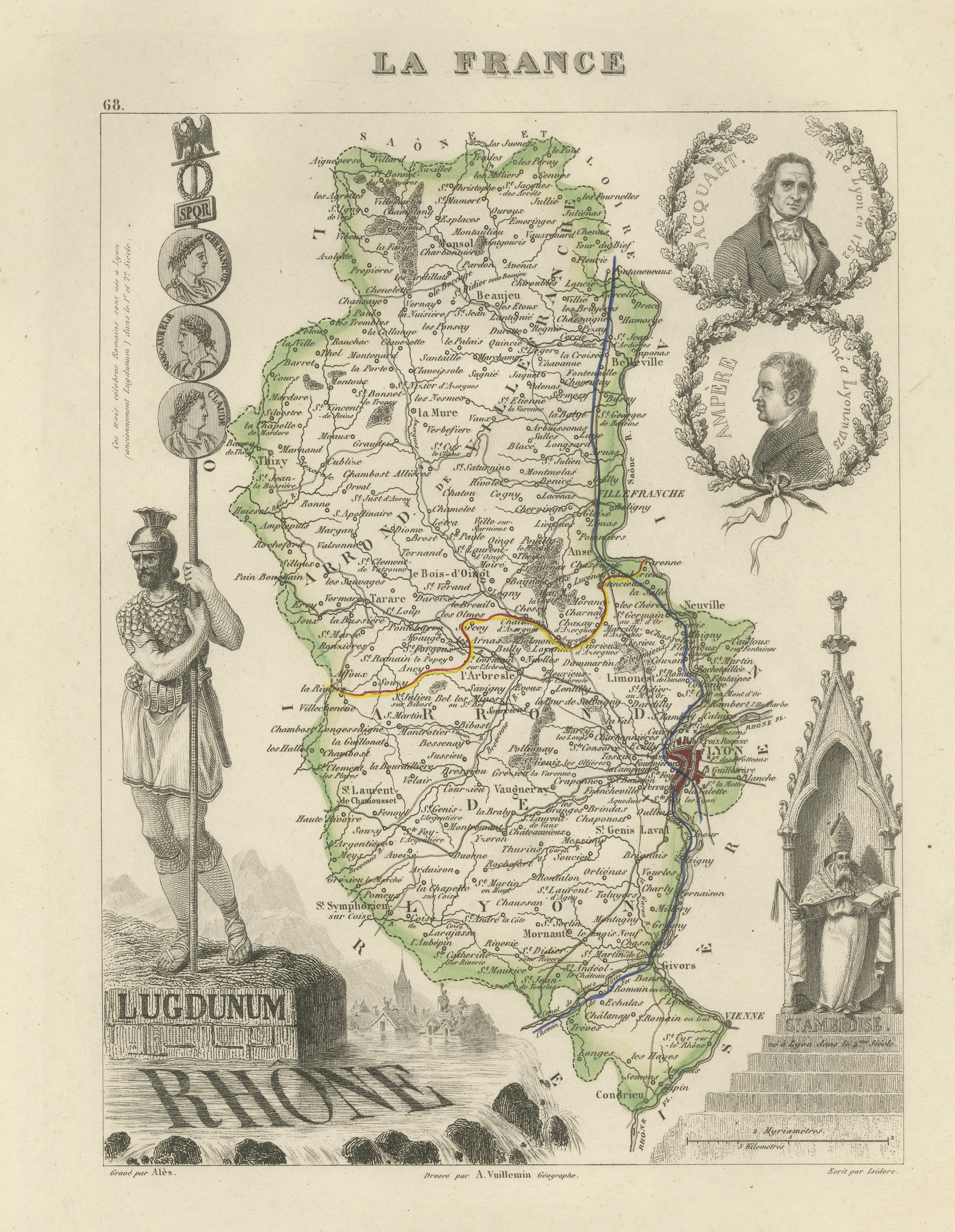 Antique Map of the Rhone, Lyon and Ancient Lugdunum, Vuillemin, circa 1860
