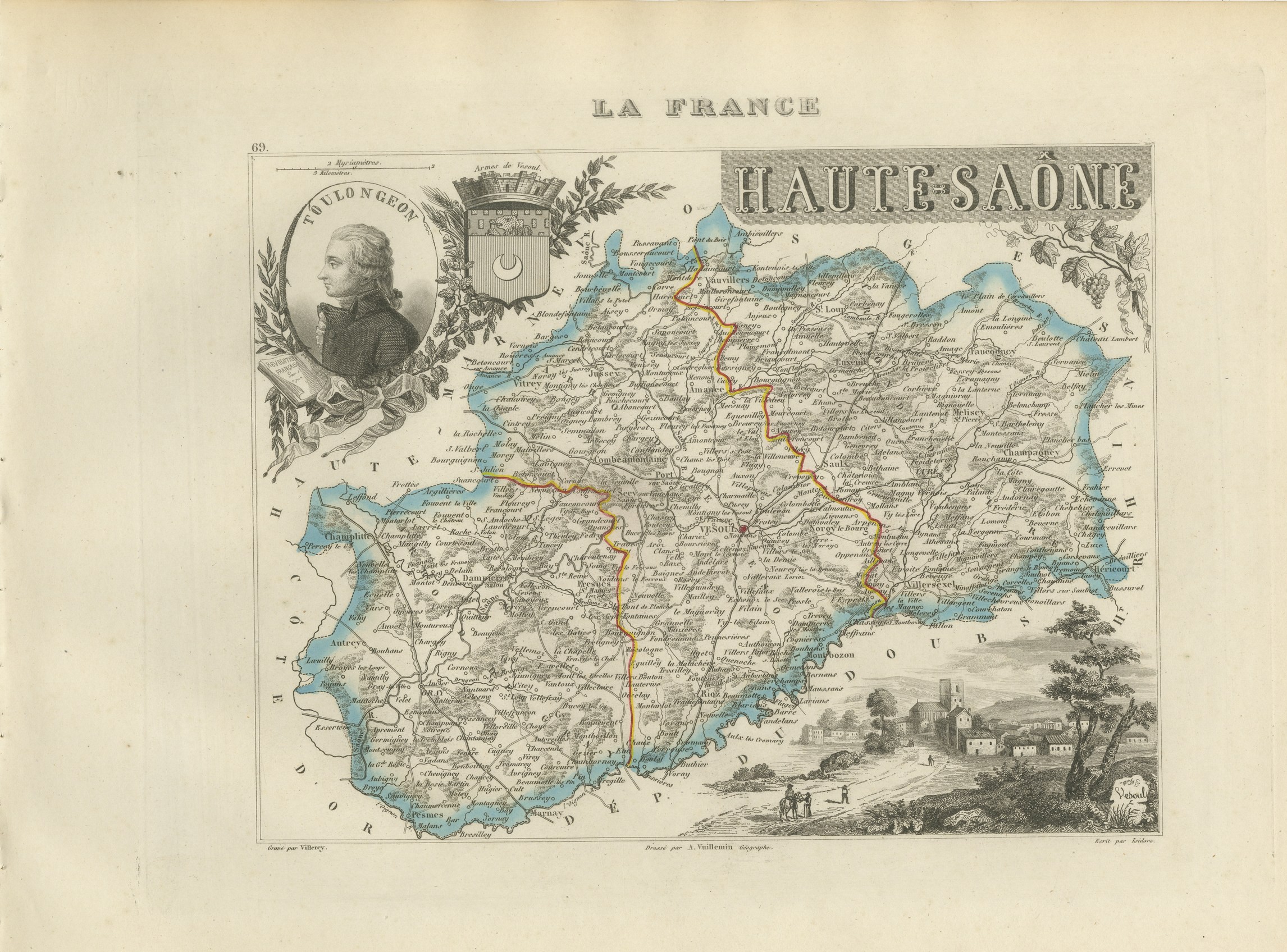 Antique Map of the Haute-Saone, Vesoul and Gray, Vuillemin, circa 1860