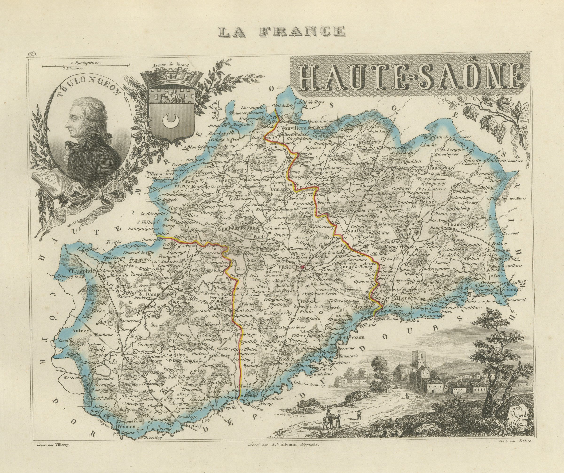 Antique Map of the Haute-Saone, Vesoul and Gray, Vuillemin, circa 1860