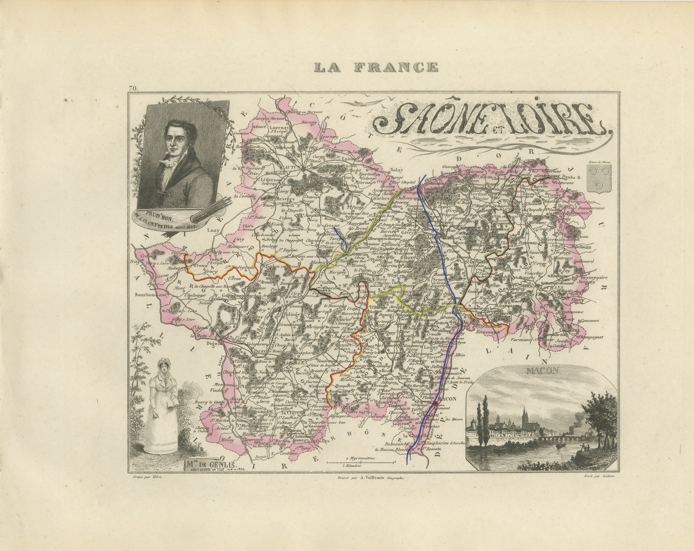 Antique Map of the Saone et Loire, Macon and Chalon, Vuillemin, circa 1860