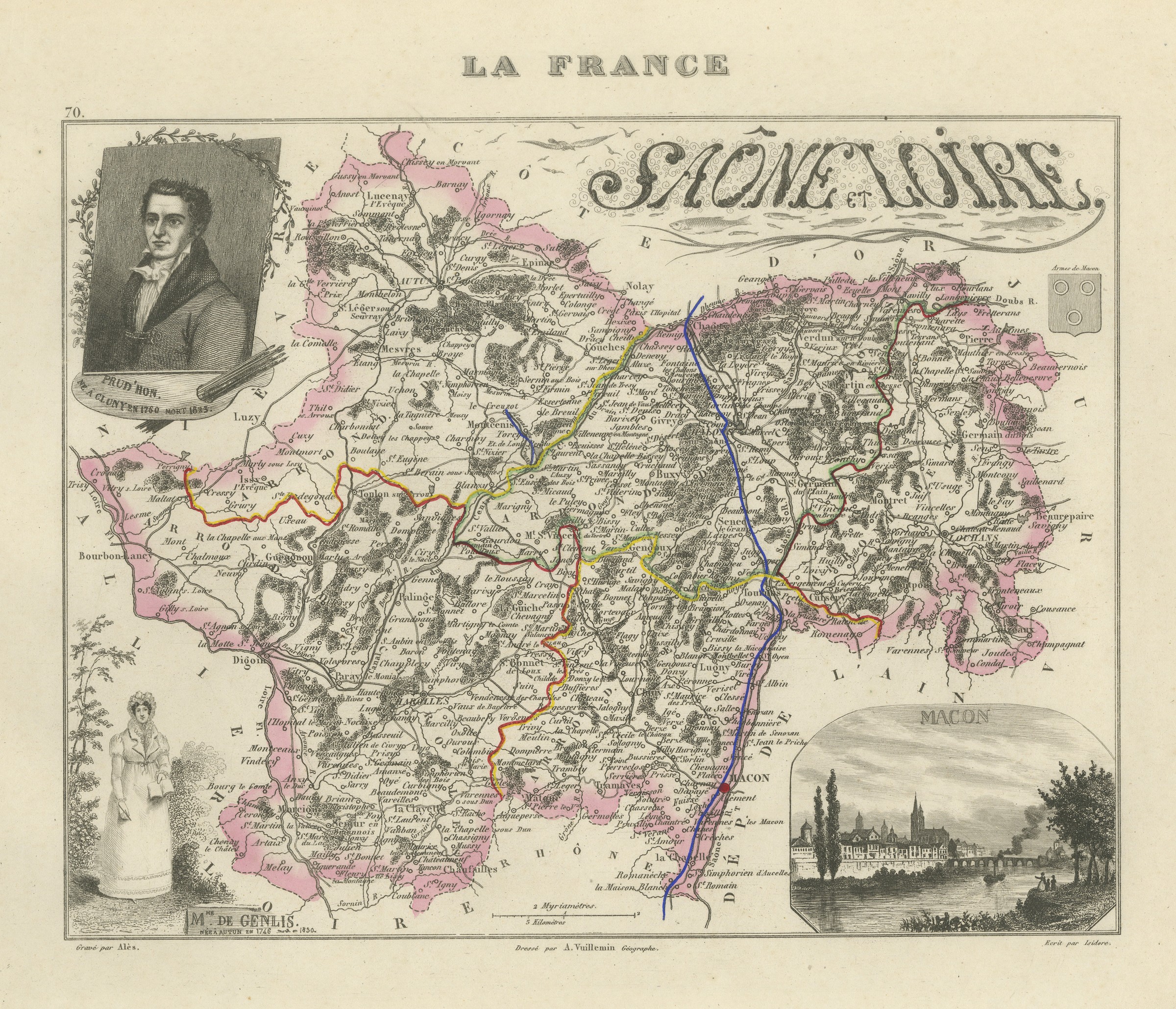 Antique Map of the Saone et Loire, Macon and Chalon, Vuillemin, circa 1860