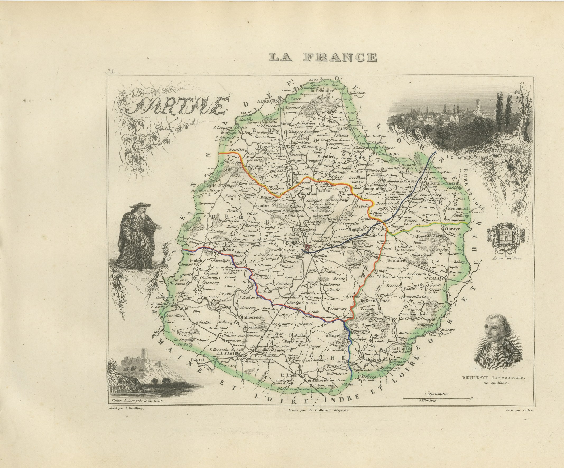 Antique Map of the Sarthe, Le Mans and the Jurist Denizot, circa 1860