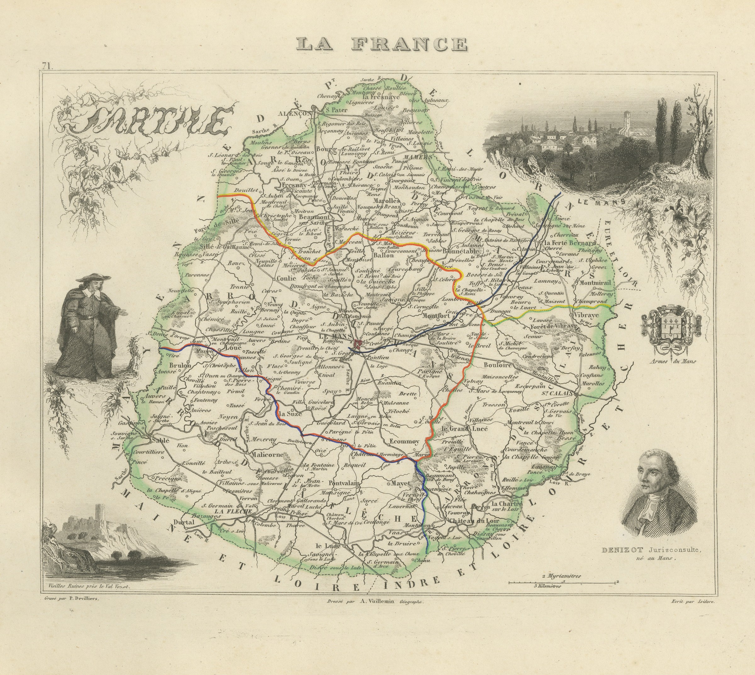 Antique Map of the Sarthe, Le Mans and the Jurist Denizot, circa 1860