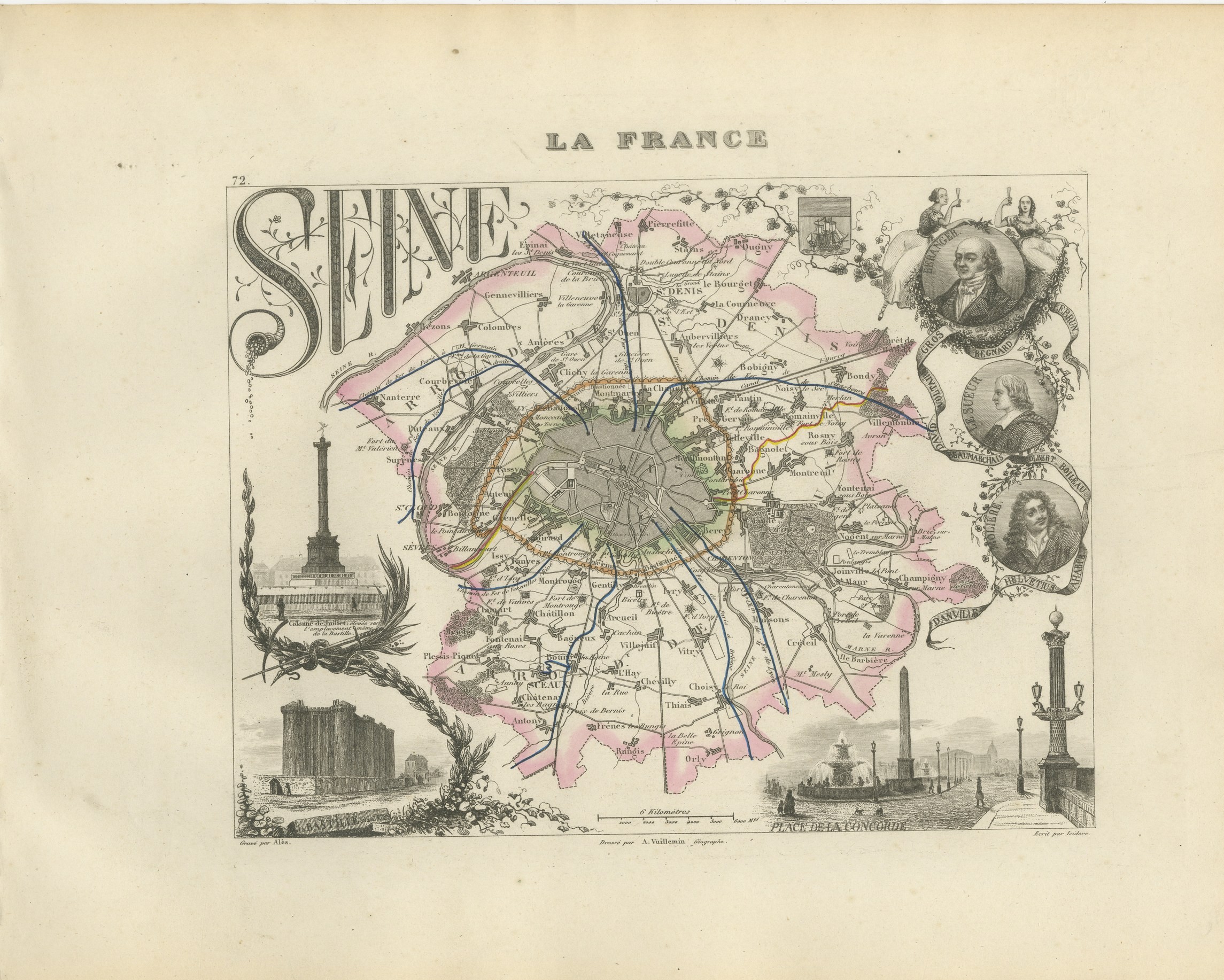 Antique Map of the Seine, Paris and its Suburbs, Vuillemin, circa 1860