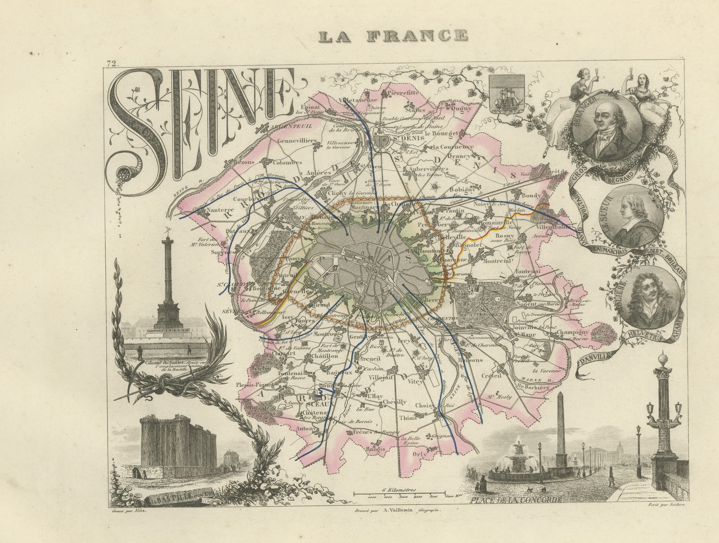 Antique Map of the Seine, Paris and its Suburbs, Vuillemin, circa 1860