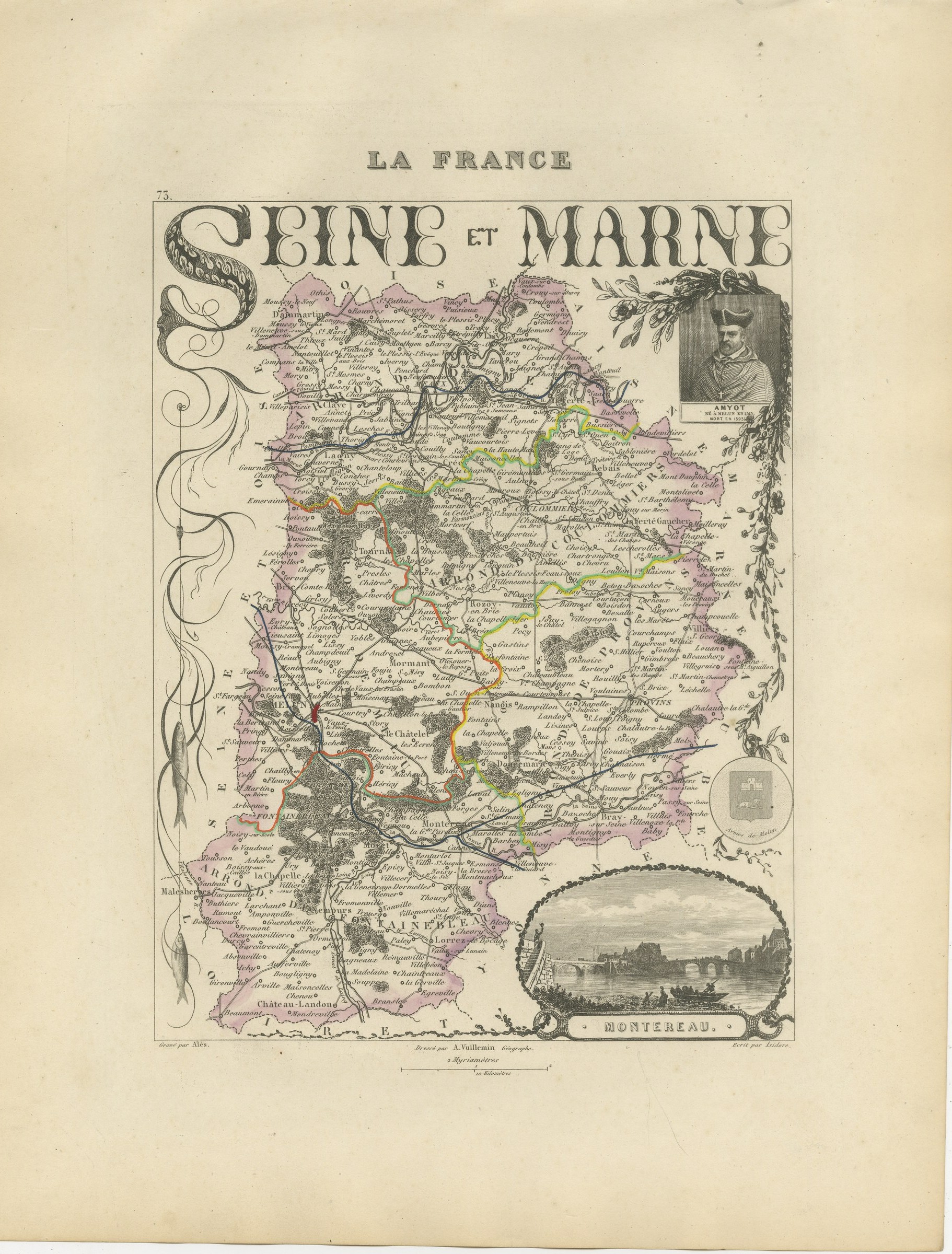 Antique Map of Seine-et-Marne, Fontainebleau and Amyot, circa 1860