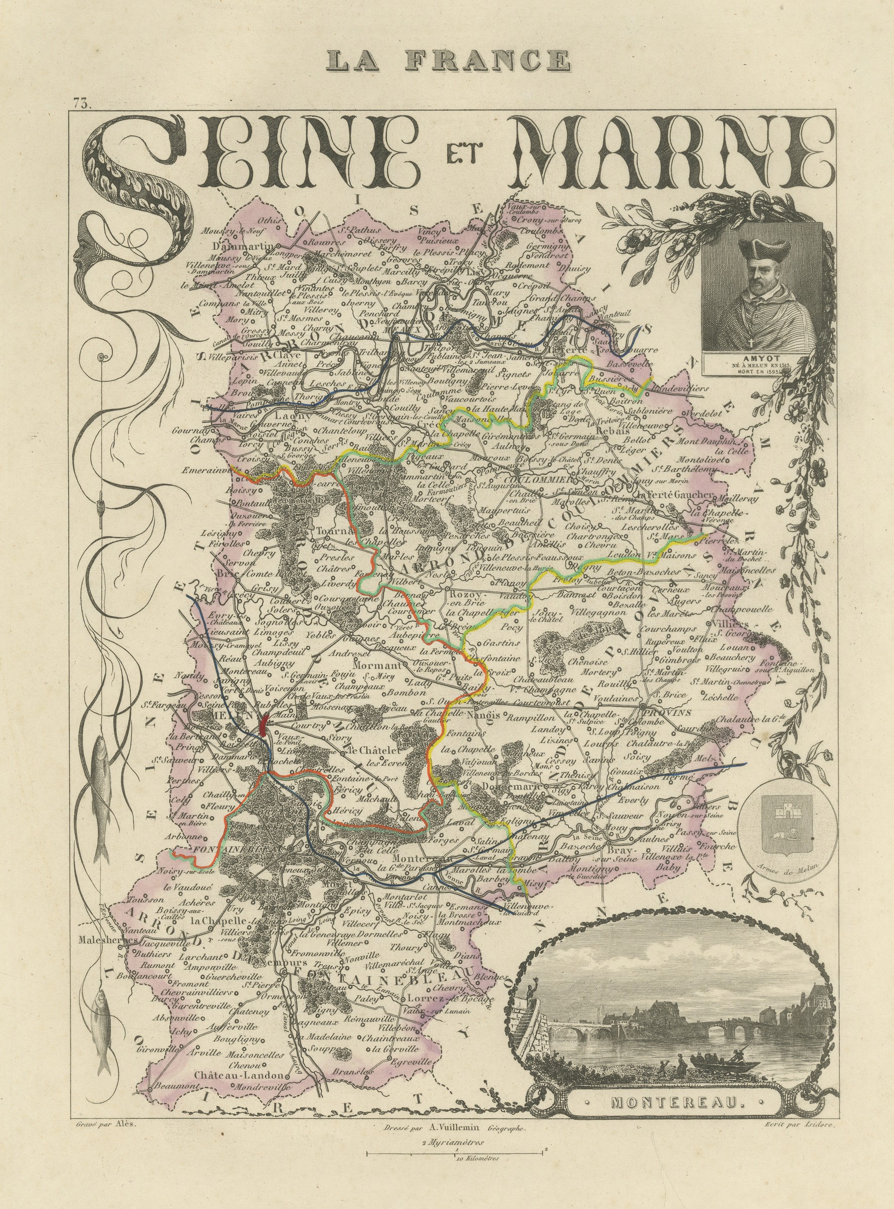 Antique Map of Seine-et-Marne, Fontainebleau and Amyot, circa 1860