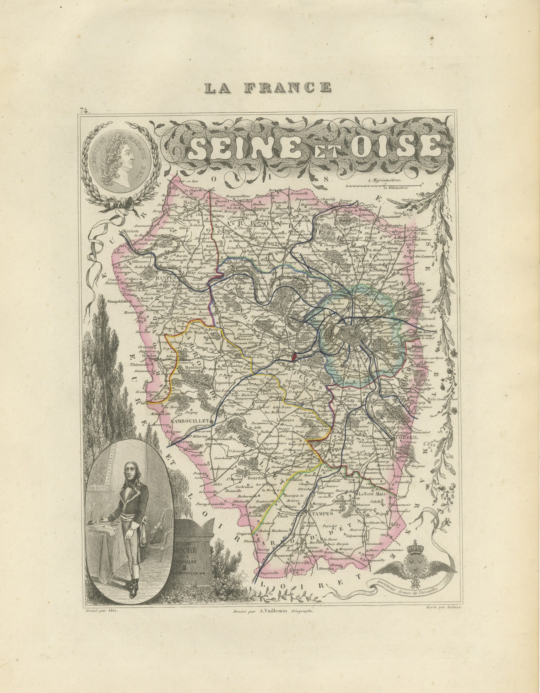 Antique Map of the Seine et Oise, Versailles, Vuillemin, circa 1860