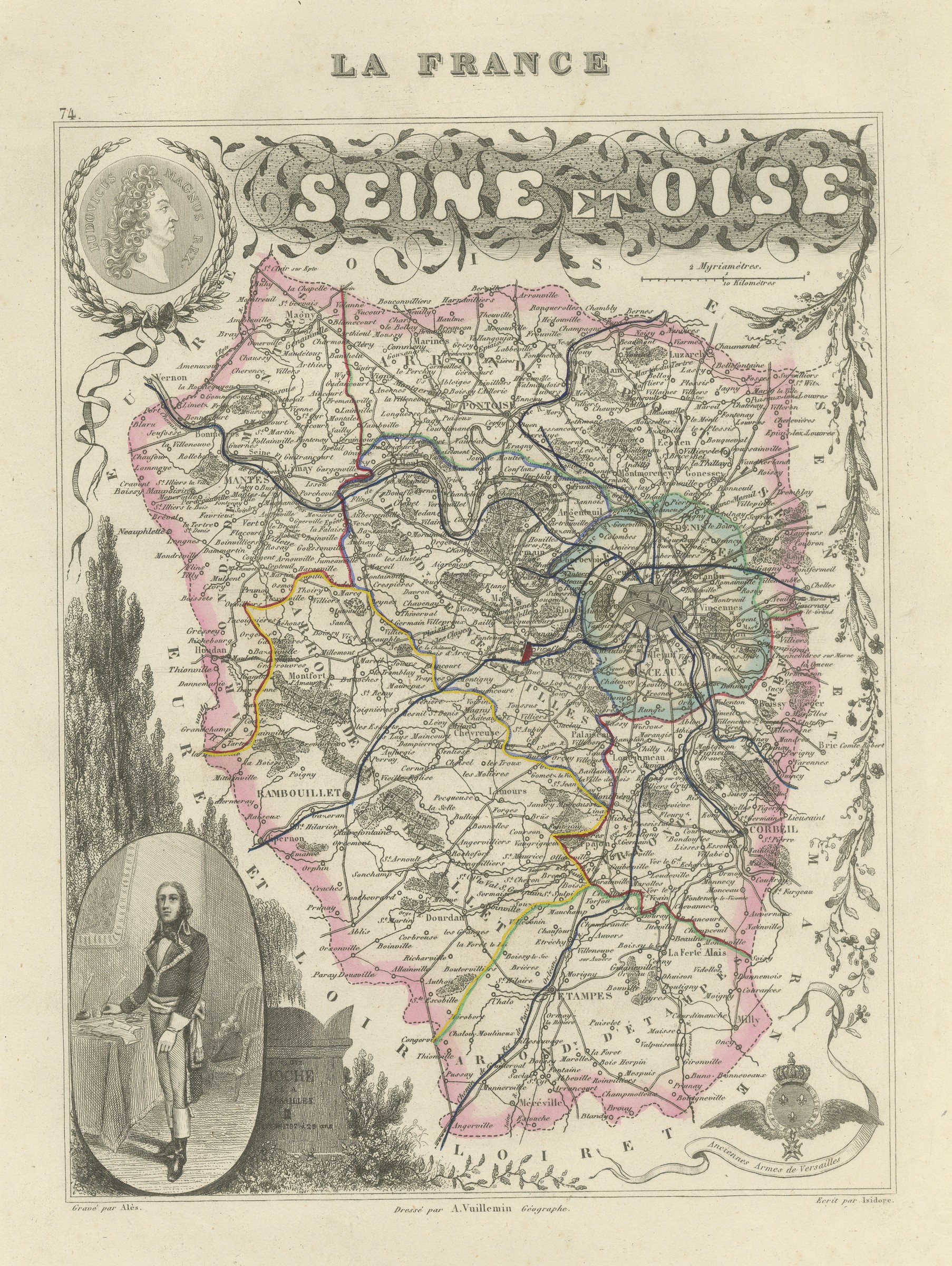 Antique Map of the Seine et Oise, Versailles, Vuillemin, circa 1860