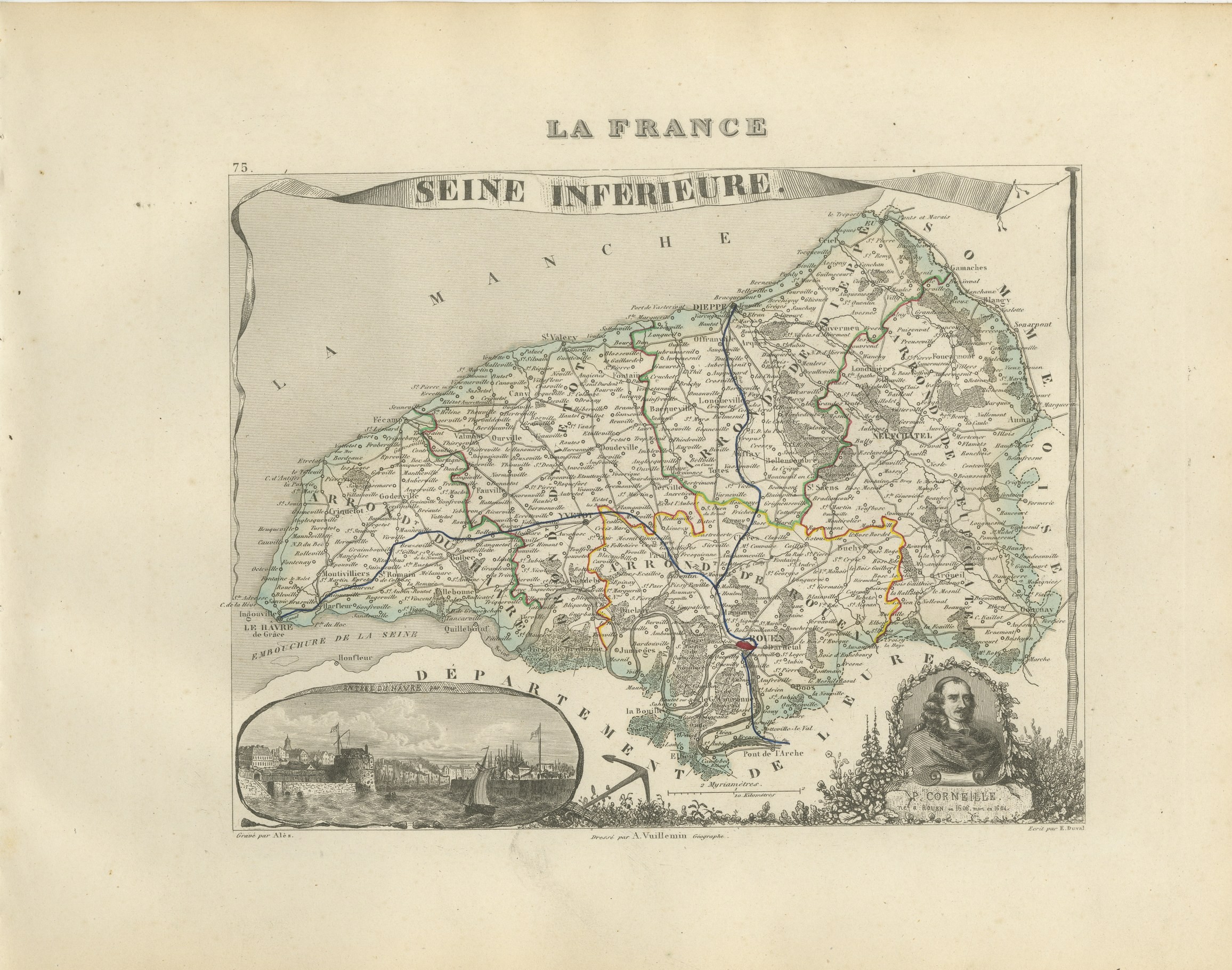 Antique Map of the Seine-Inferieure, Le Havre and Corneille, circa 1860