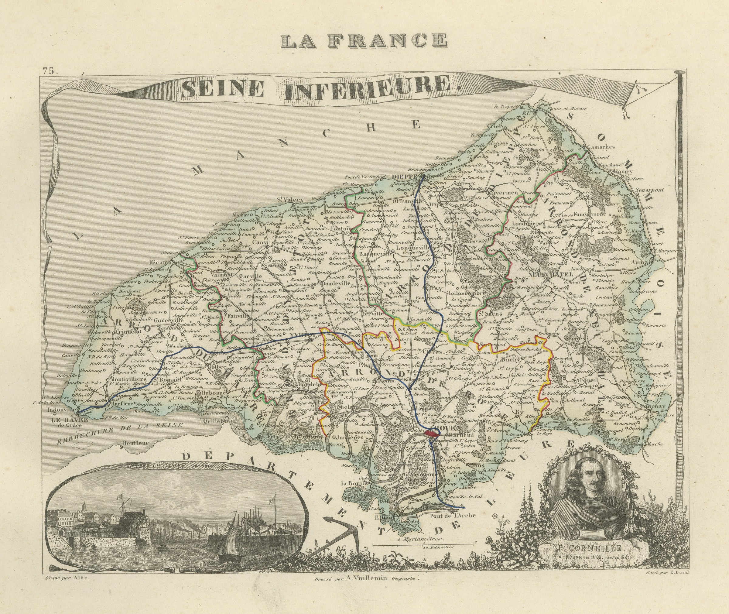 Antique Map of the Seine-Inferieure, Le Havre and Corneille, circa 1860