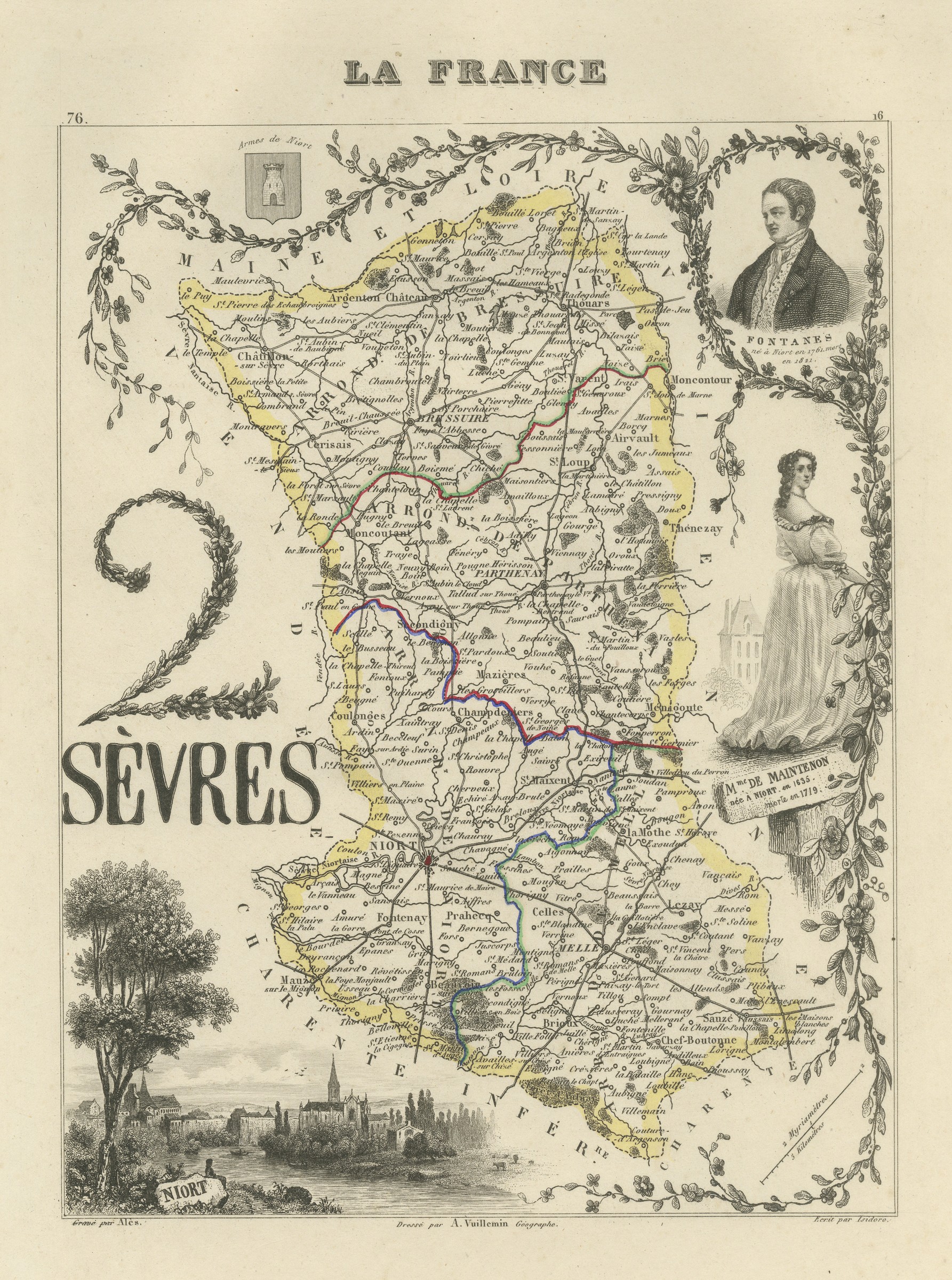 Antique Map of the Deux-Sevres, Niort and Madame de Maintenon, circa 1860