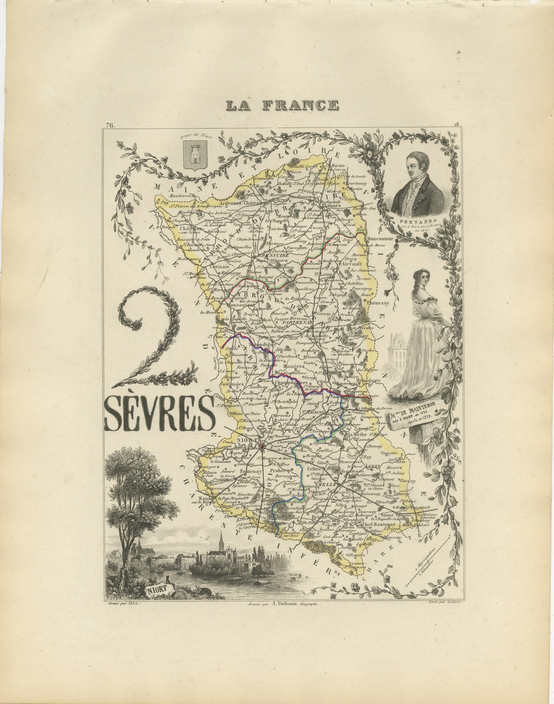 Antique Map of the Deux-Sevres, Niort and Madame de Maintenon, circa 1860