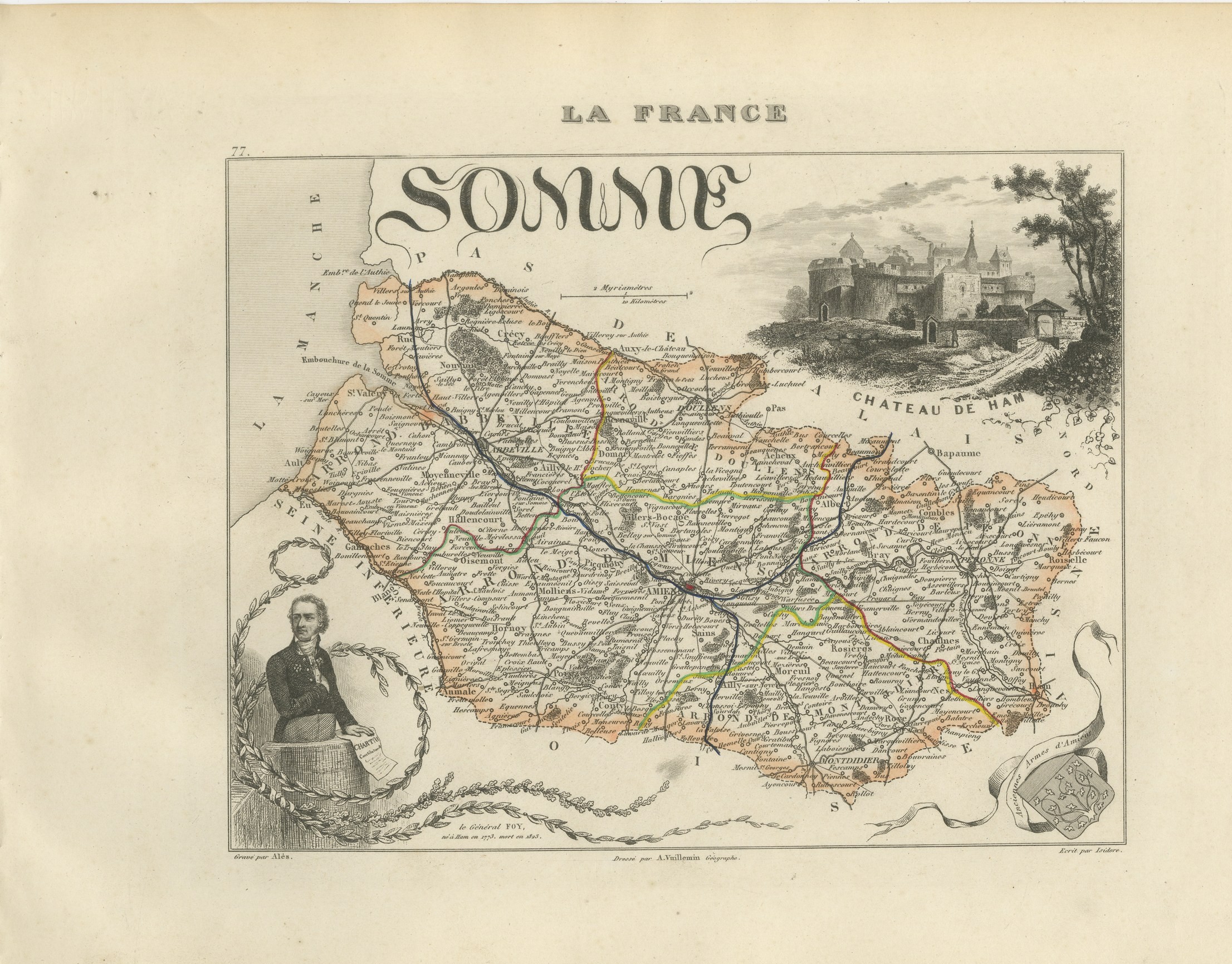 Antique Map of the Somme, Amiens and Abbeville, Vuillemin, circa 1860